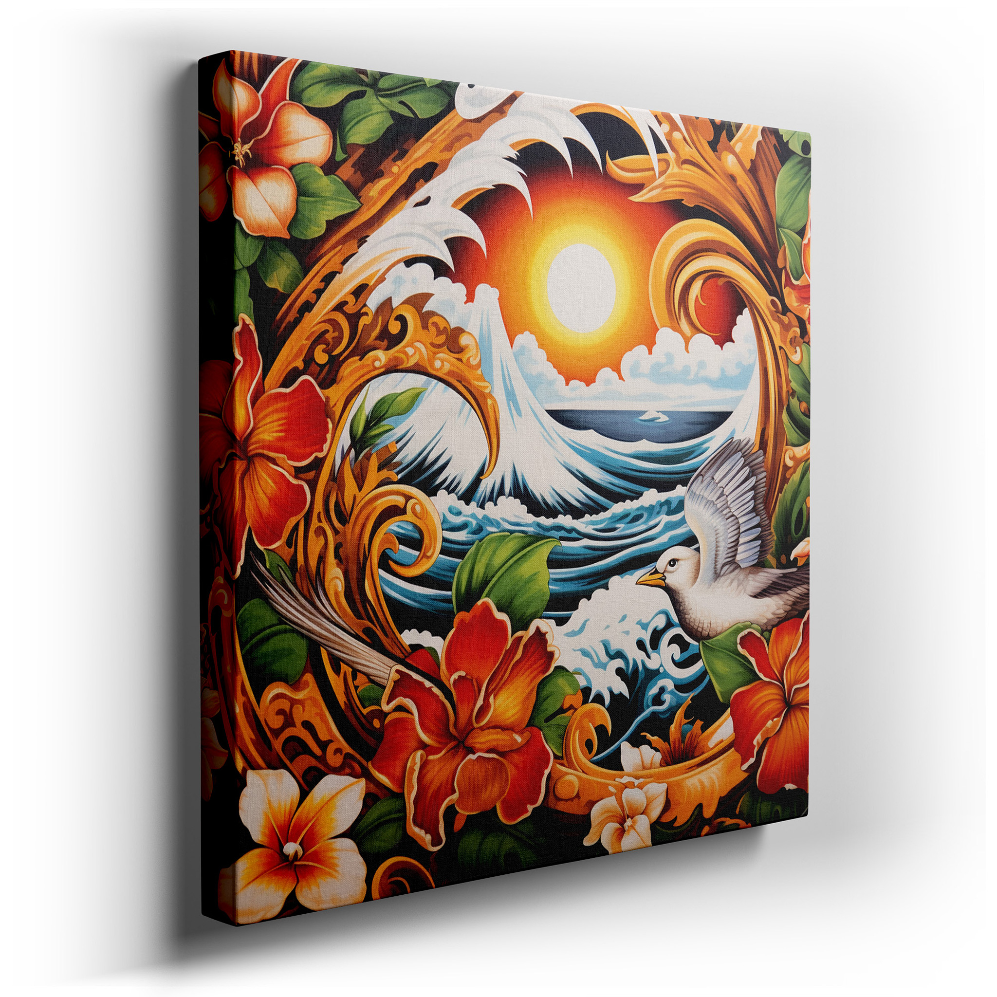 Ocean's Majesty and Blooming Tranquility Under a Captivating Sunset: Large Wall Art, Canvas Wall Art, Wall Decor for