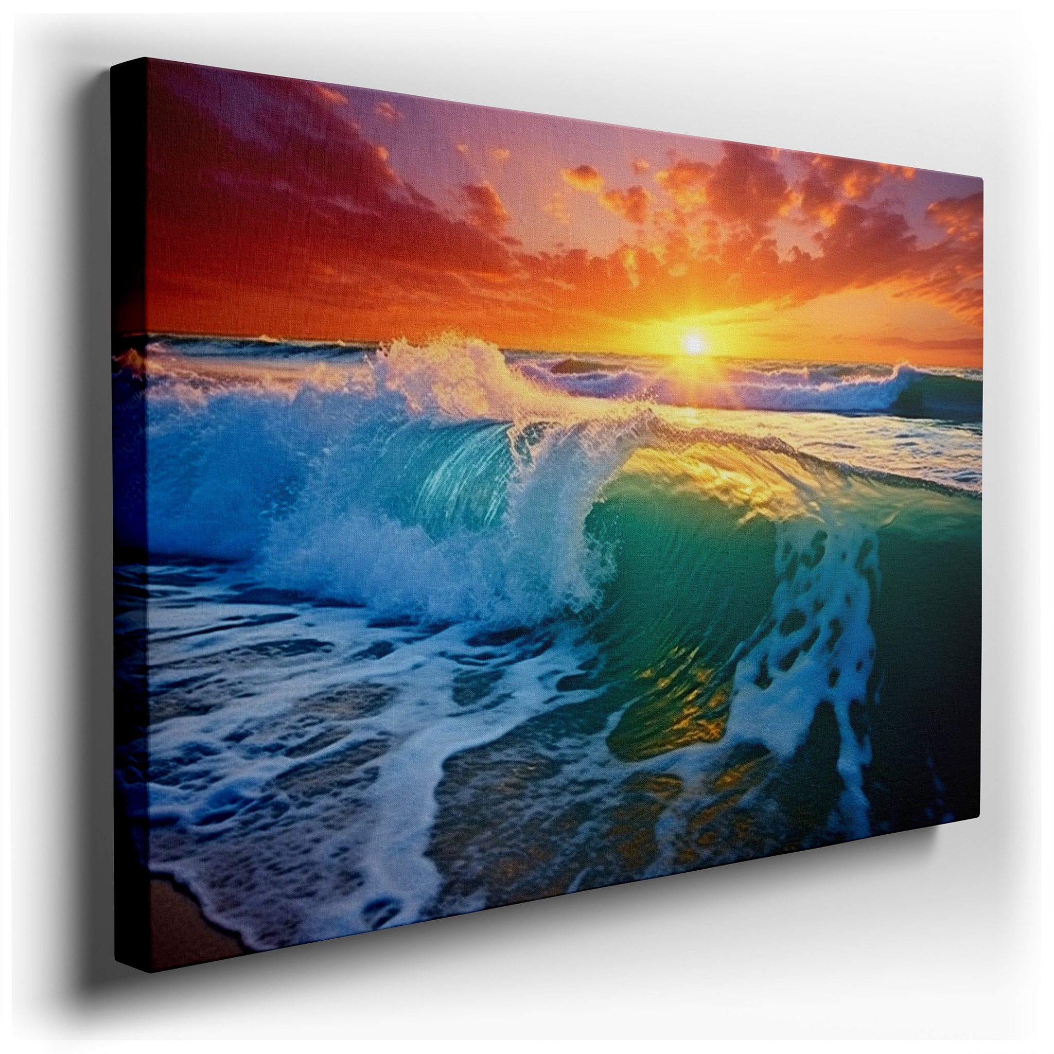 Ocean's Majesty: Waves Dancing in Sunset Light - Large Canvas Wall Art for Office, Bedroom, and Living Room Decor