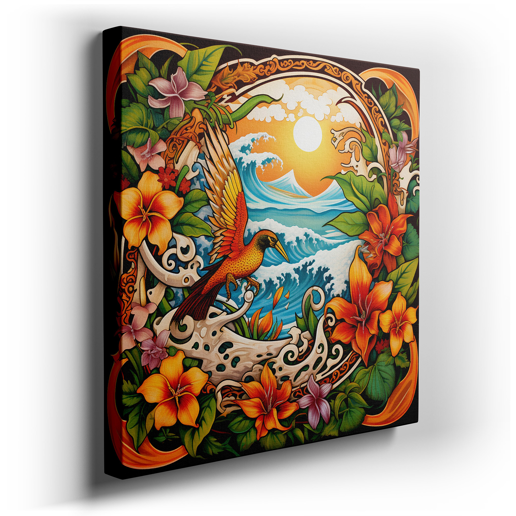Ocean's Power and Sunset Tranquility with Vibrant Florals Wall Art - Large Canvas for Office, Bedroom, and Living Room