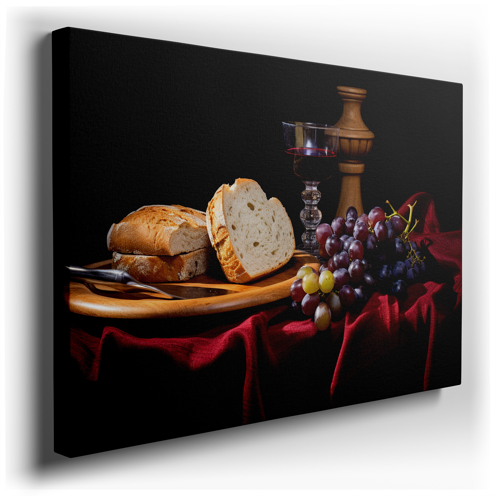 Opulent Still Life Featuring Bread, Grapes, and Wine: A Warm, Indulgent Large Wall Art for Living Spaces, Canvas Art,