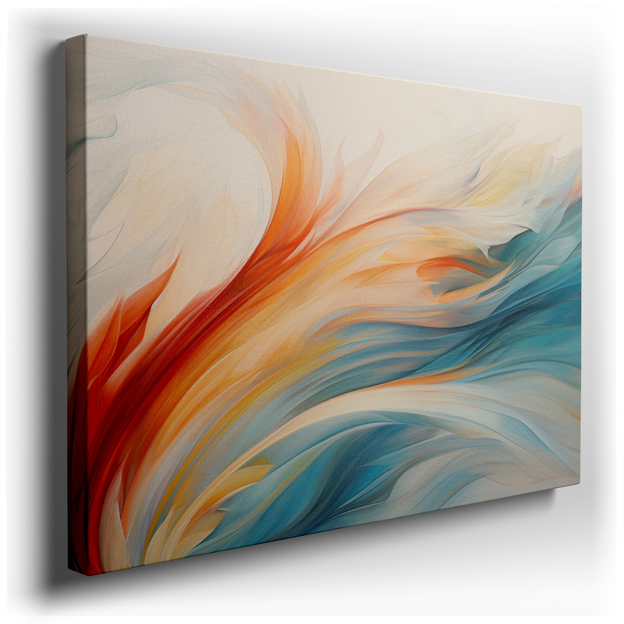 Orange, Blue, and White Ethereal Waves - Tranquil Abstract Masterpiece for Modern Spaces: Large Wall Art, Canvas Wall
