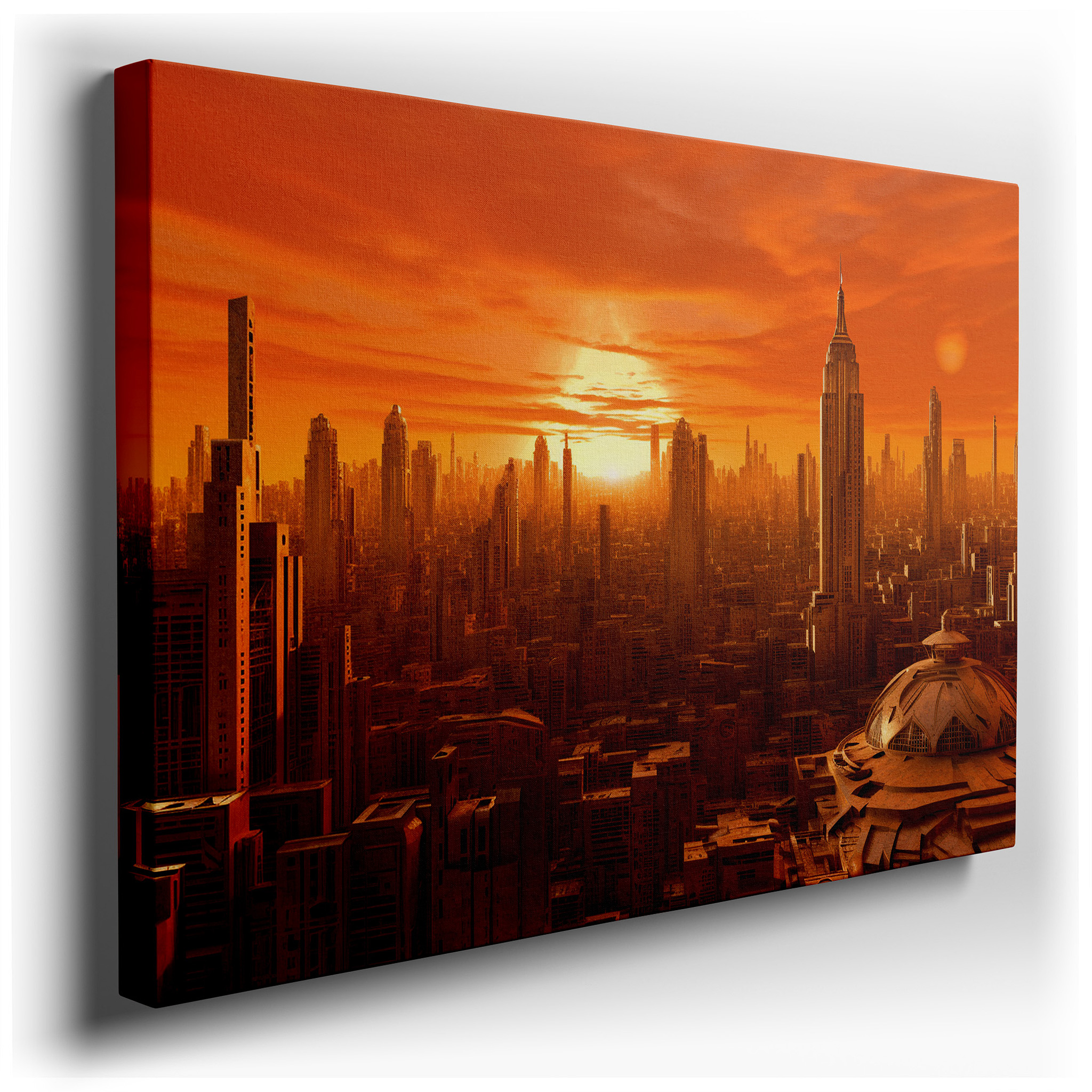 Orange Sunset Over Futuristic Cityscape: Modern Urban Dreams Large Wall Art, Canvas Wall Art, Wall Decor for Office and