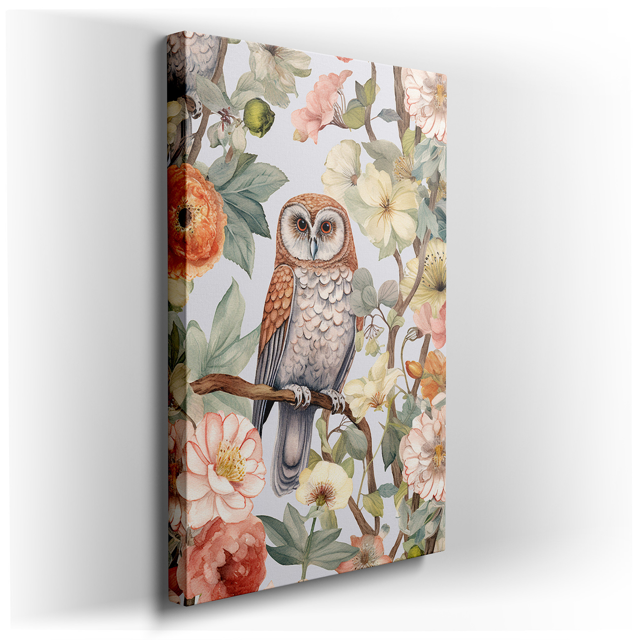 Owl Amidst Flowers - A Harmonious Display of Wildlife and Natural Splendor, Large Canvas Wall Art for Home and Office