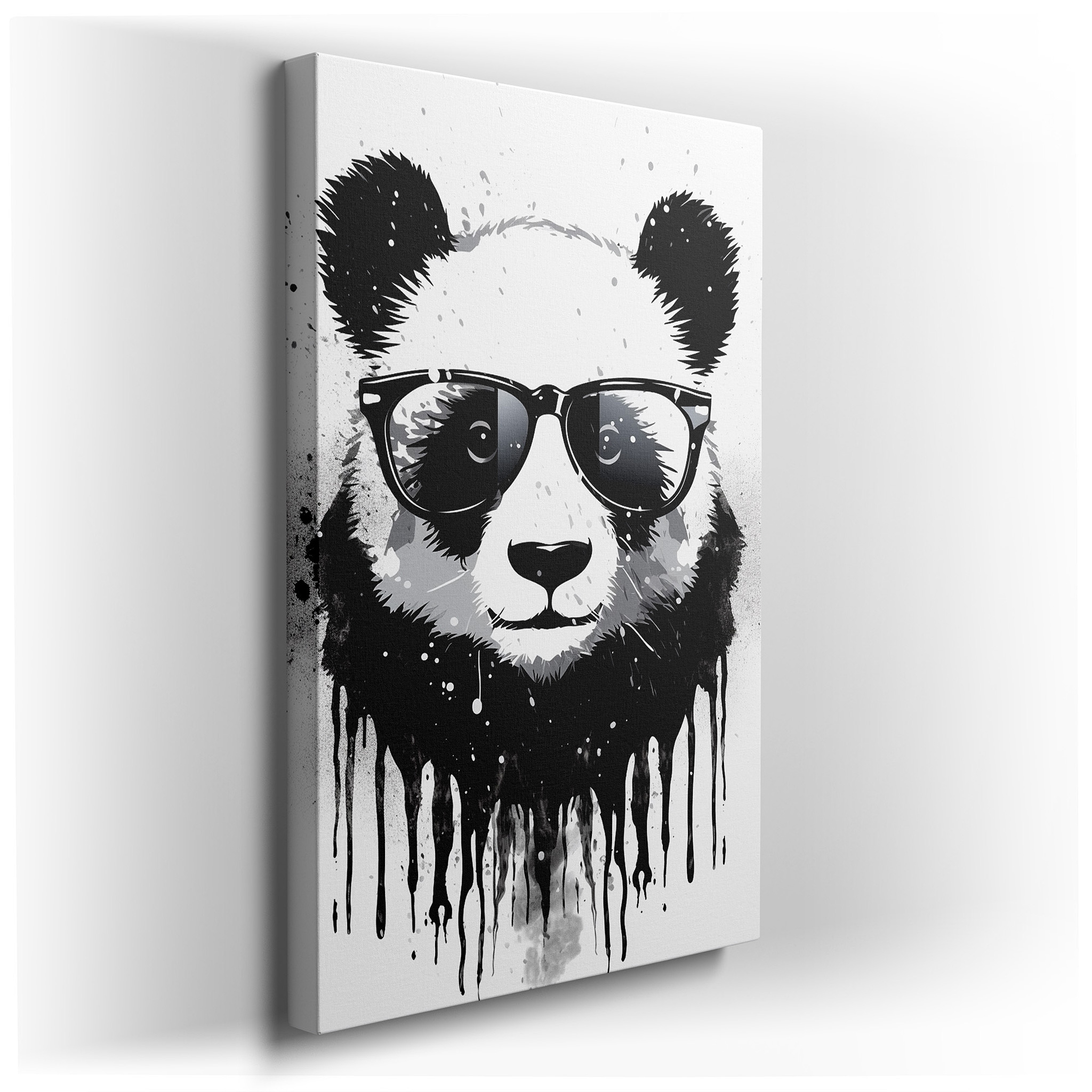 Panda in Sunglasses Canvas Print with Vibrant Ink Splashes, Ideal for Office, Bedroom, and Living Room Decor wrapped