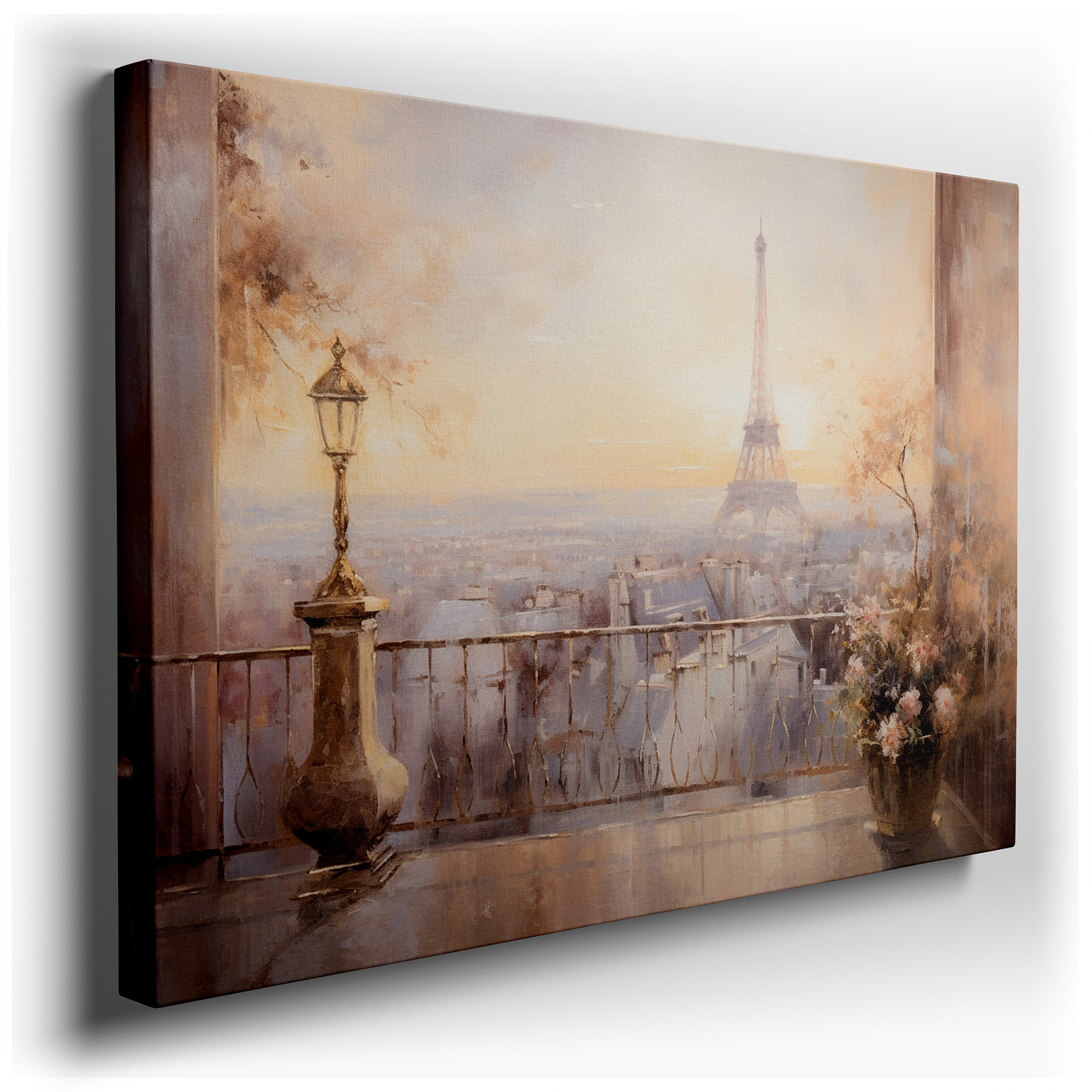 Parisian Balcony with Eiffel Tower View at Sunset - Large Canvas Wall Art for Office and Bedroom Decor wrapped canvas -