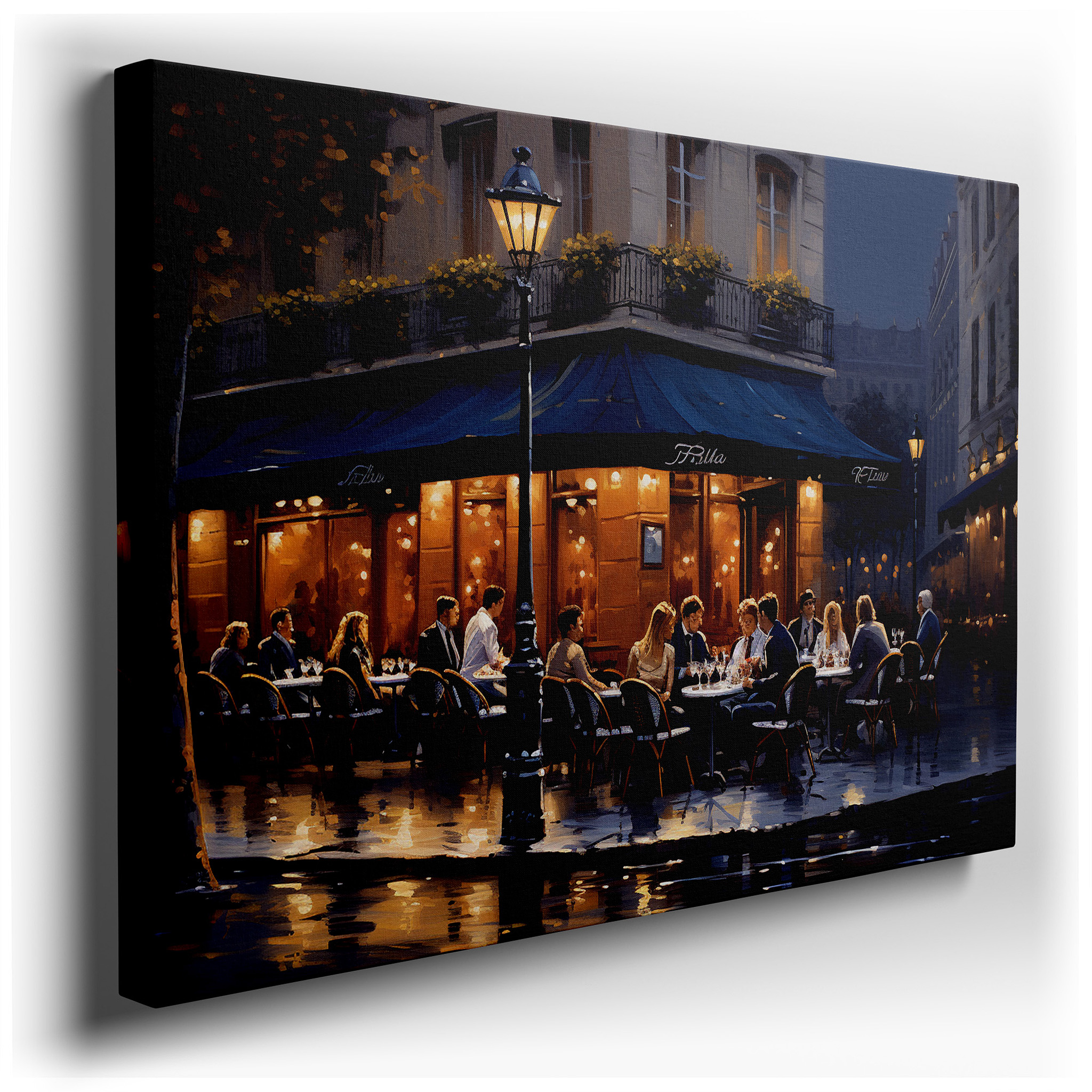 Parisian Bistro Ambiance on a Rainy Evening Large Canvas Wall Art for Office, Bedroom, and Living Room Decor wrapped