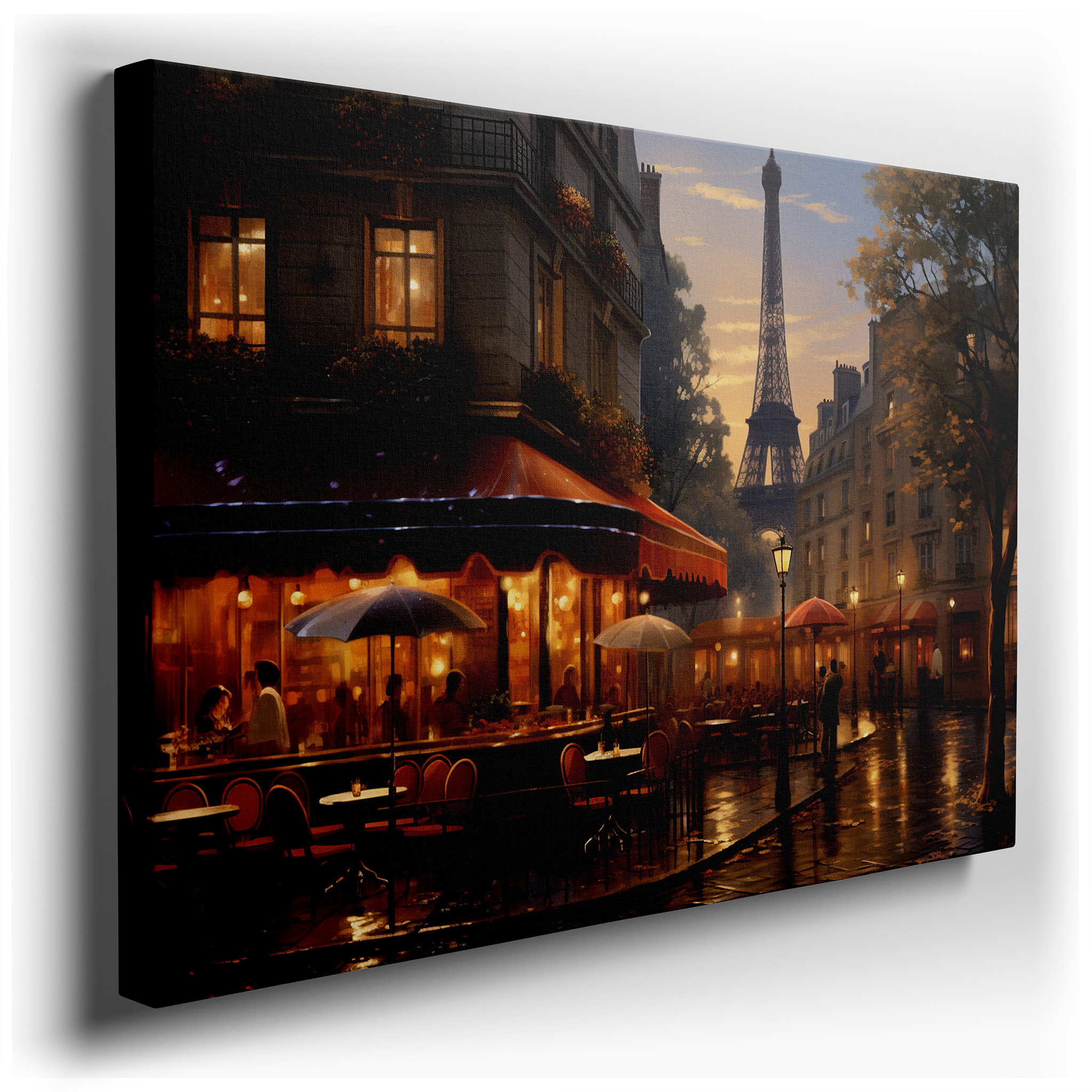 Parisian Café at Dusk Wall Art Featuring the Eiffel Tower - Vibrant City Life and Romantic Landmarks Canvas Print for