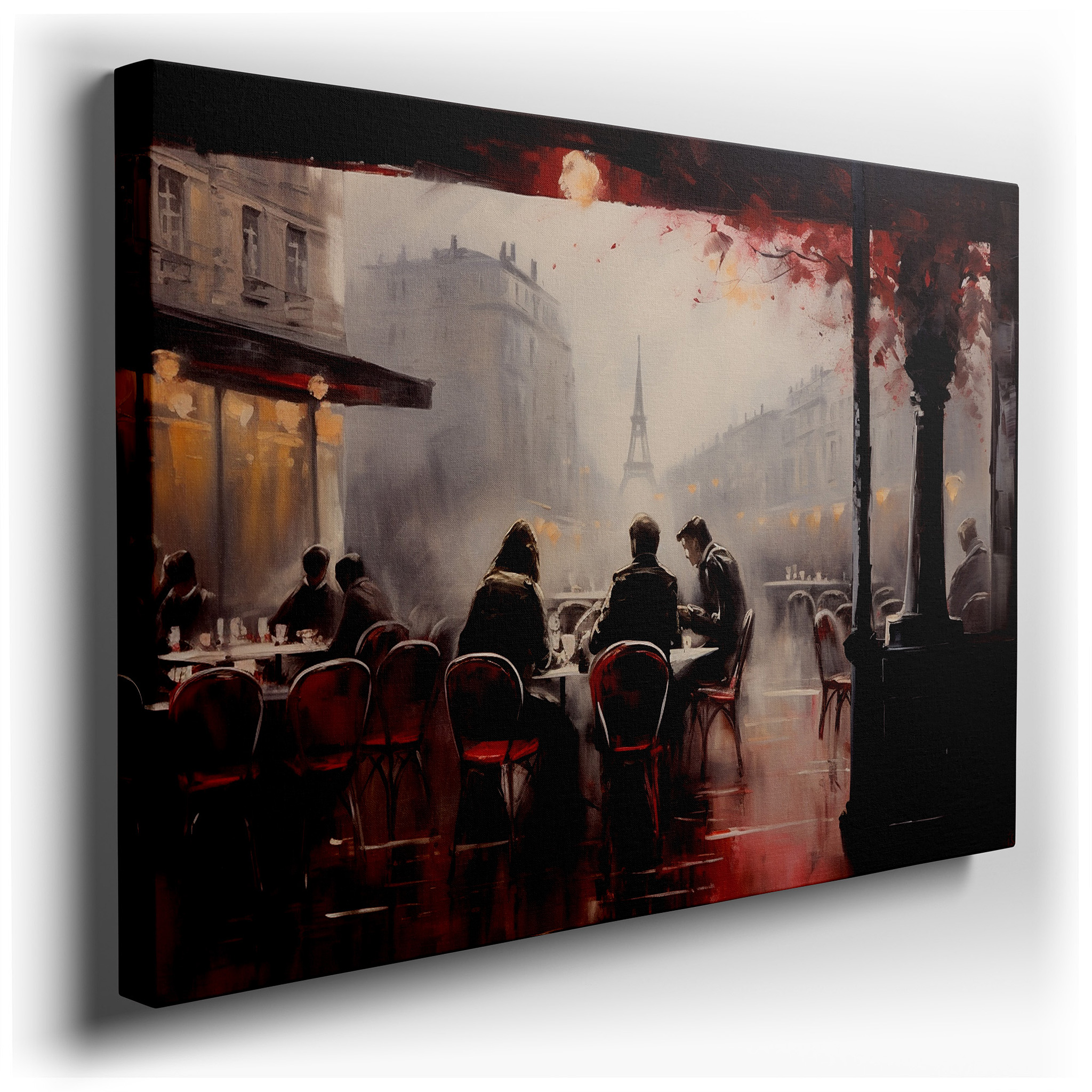 Parisian Café Scene with Red Awnings and Eiffel Tower View Large Canvas Wall Art for Office and Bedroom Decor wrapped
