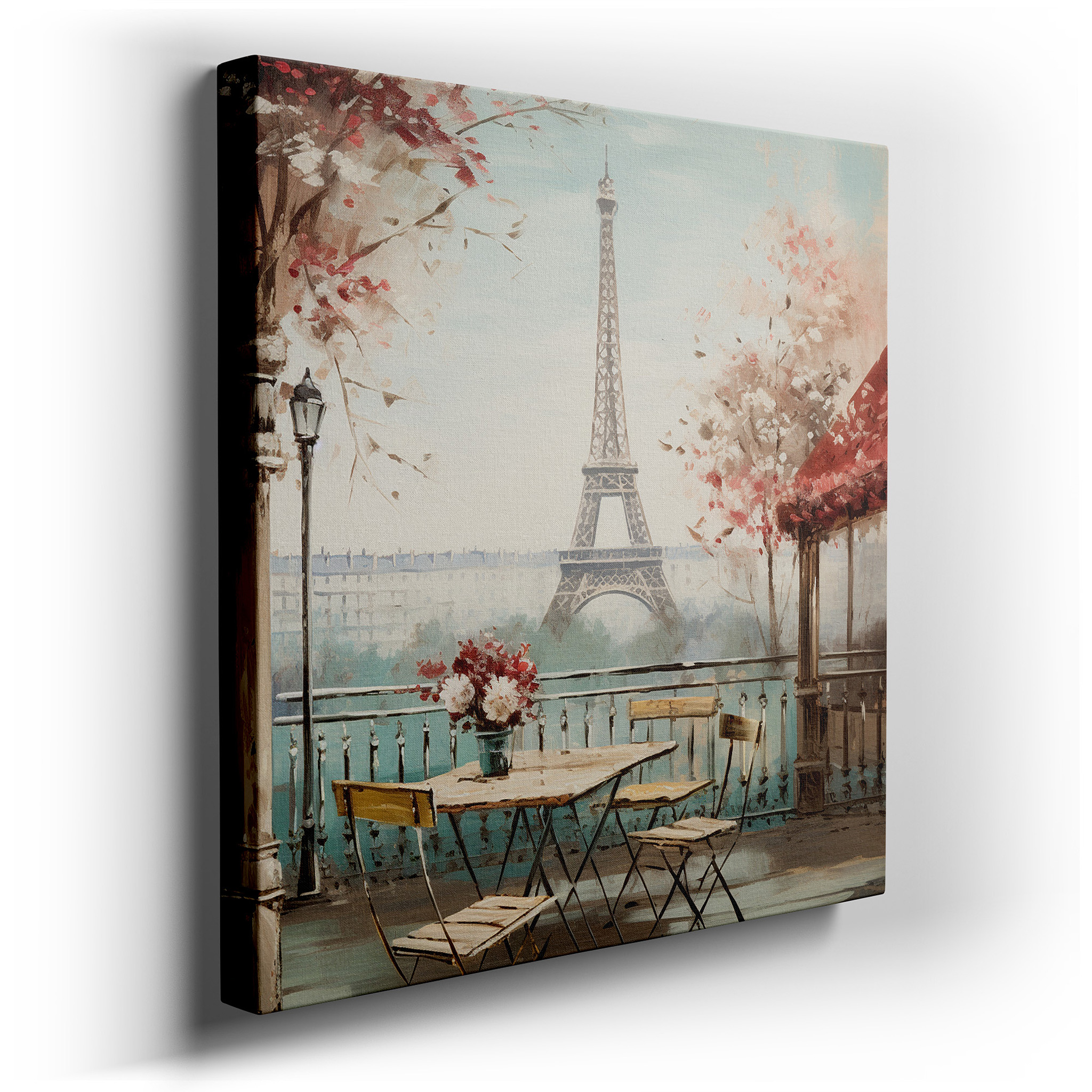 Parisian Elegance Wall Art Featuring a Floral Balcony and Eiffel Tower View, Ideal for Office, Bedroom, and Living Room