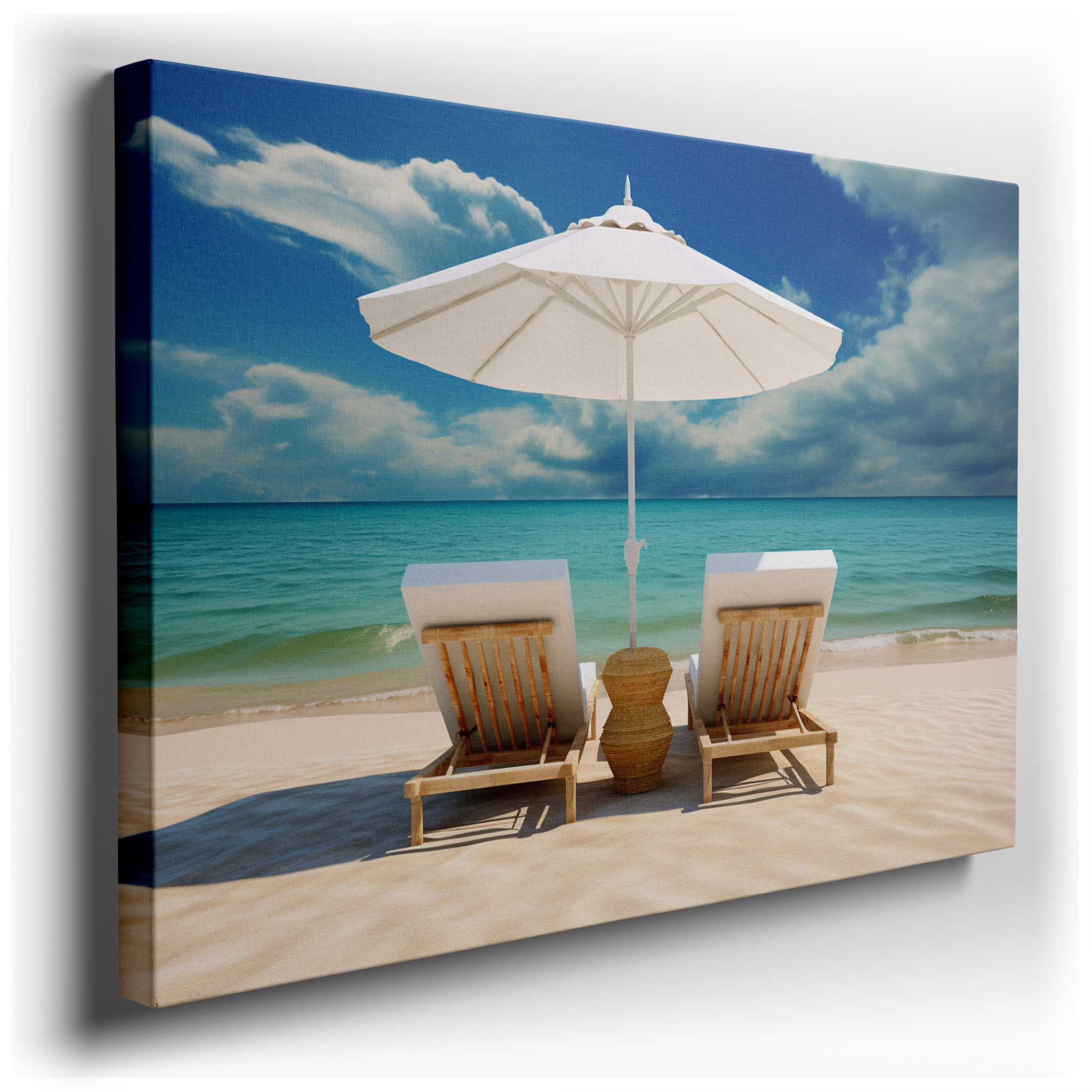 Peaceful Beach Scene with Chairs Under a White Umbrella, Tranquil Coastal Symphony Large Wall Art, Canvas Wall Art,