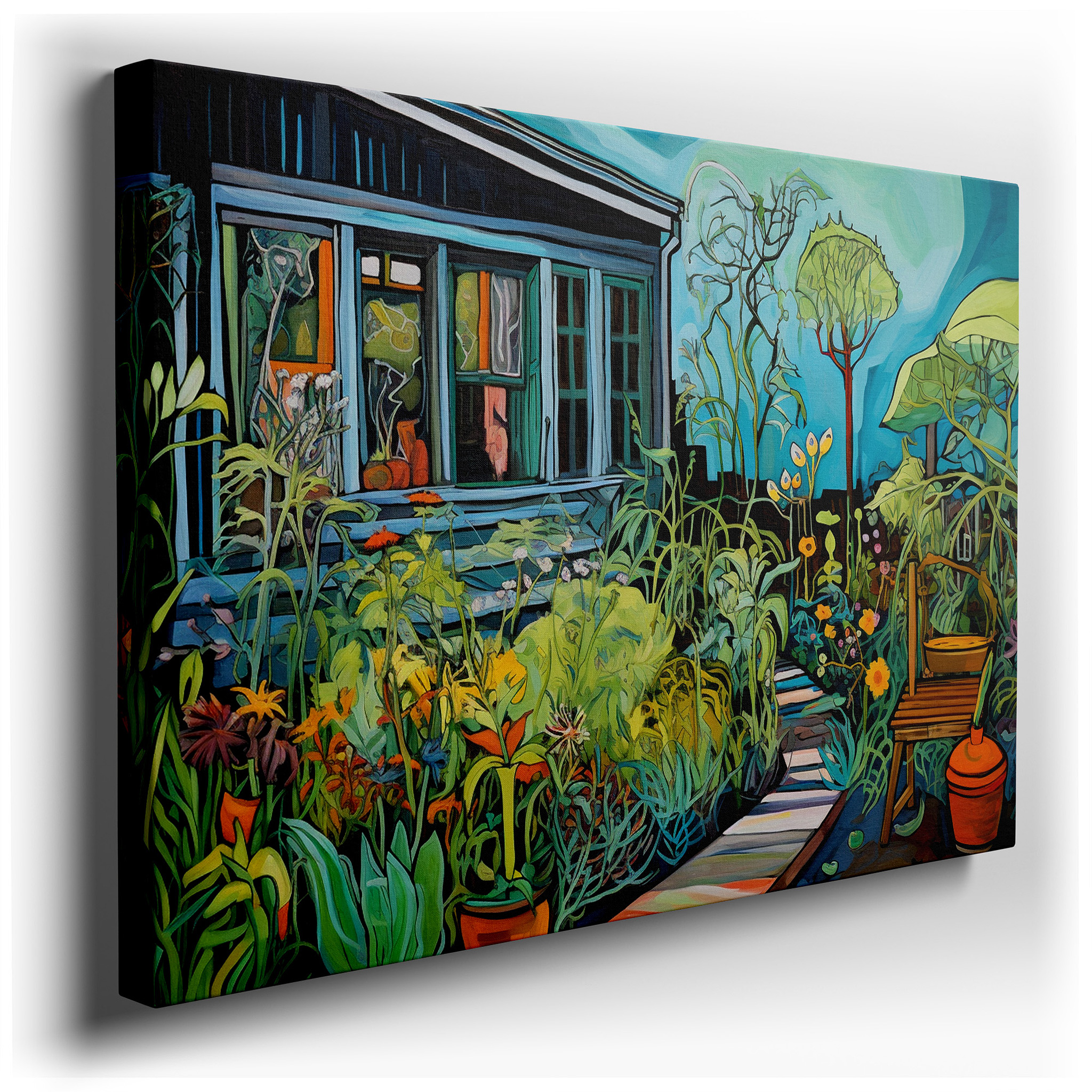 Peaceful Blue House Surrounded by Lively Garden Flowers Exudes Calm and Security Large Wall Art, Canvas Wall Art, Wall