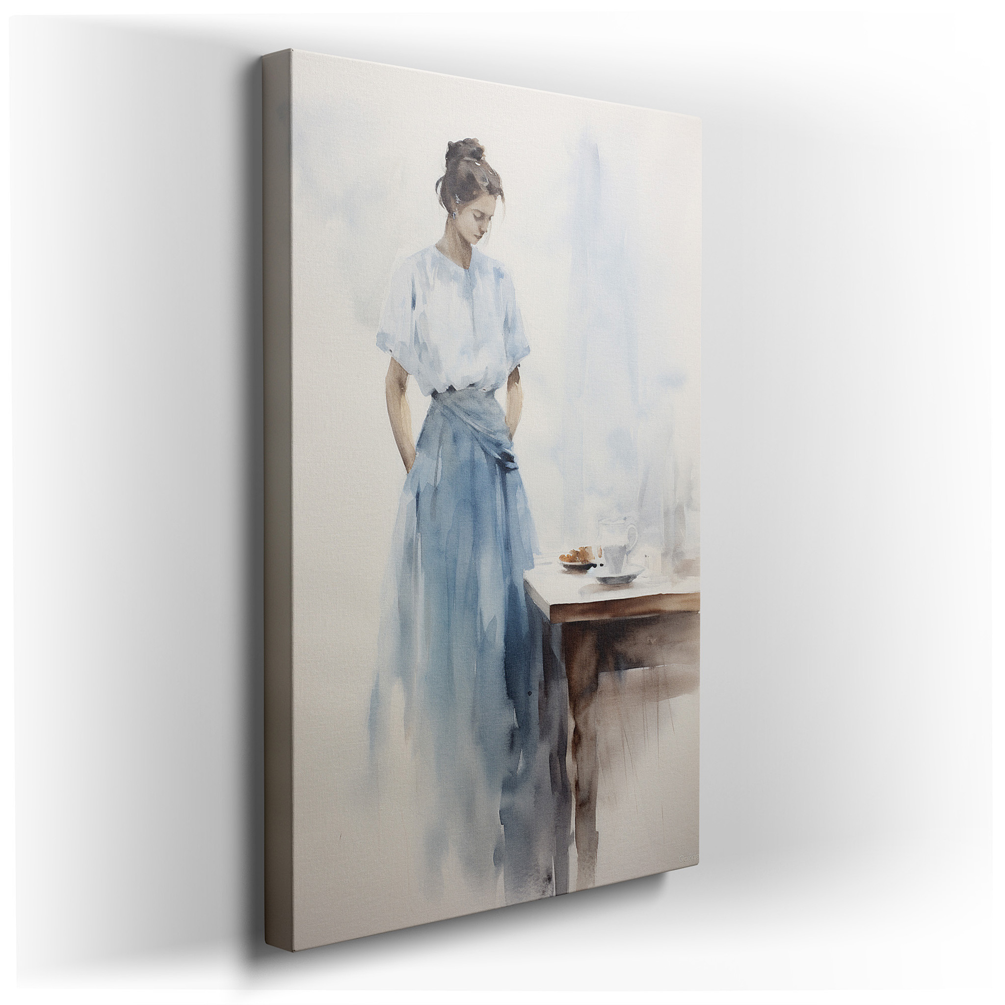 Peaceful Morning Featuring Pensive Woman with Coffee and Croissant, Large Canvas Wall Art for Home and Office Decor