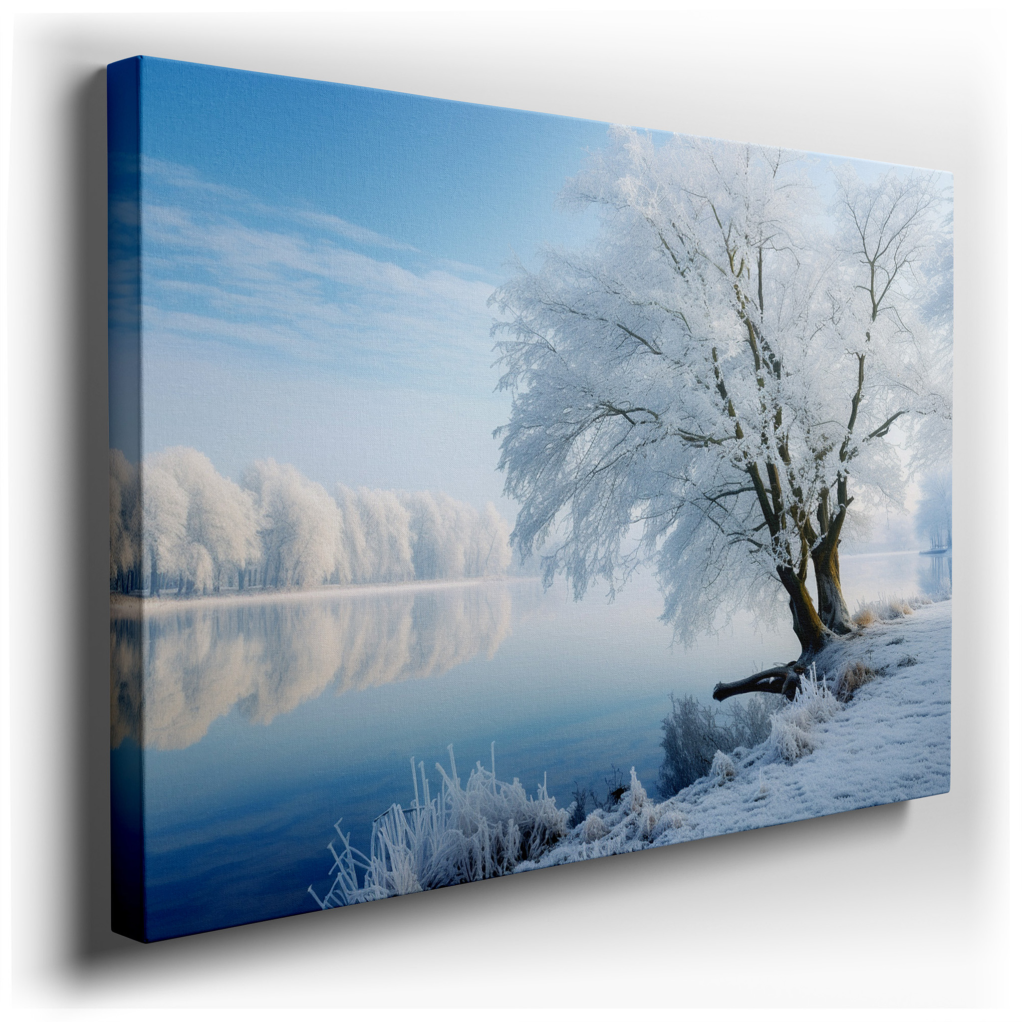 Peaceful Winter Scene with Calm Lake and Icy Trees Reflection Large Wall Art, Canvas Wall Art, Wall Decor for Office