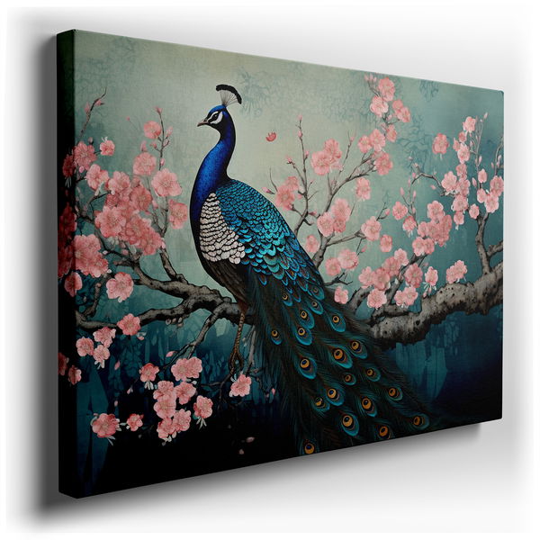 Peacock and Cherry Blossoms - Abstract Floral Canvas Wall Art