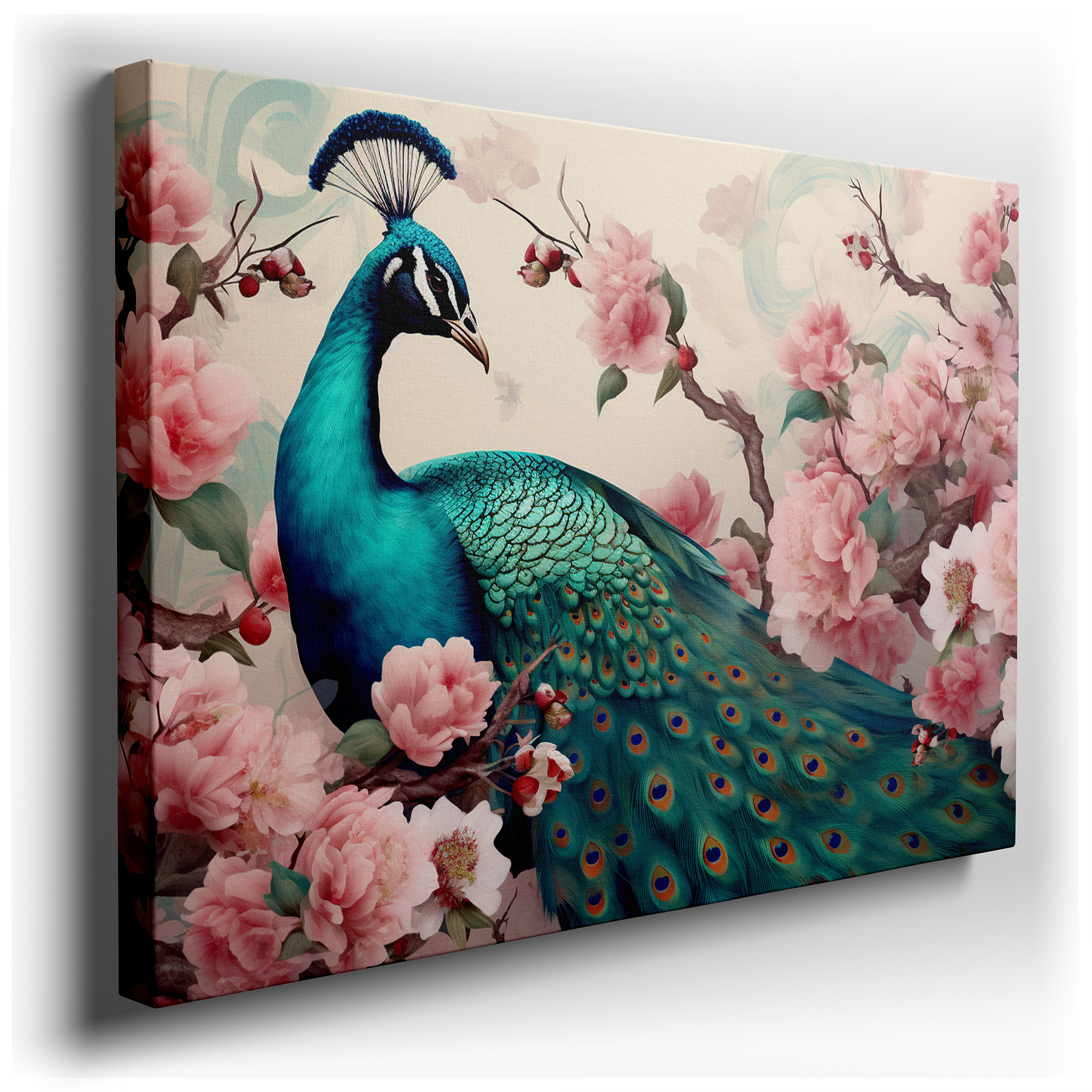 Peacock Majesty in a Lush Garden: Vibrant Blues and Greens Large Canvas Wall Art, Office Decor wrapped canvas - main