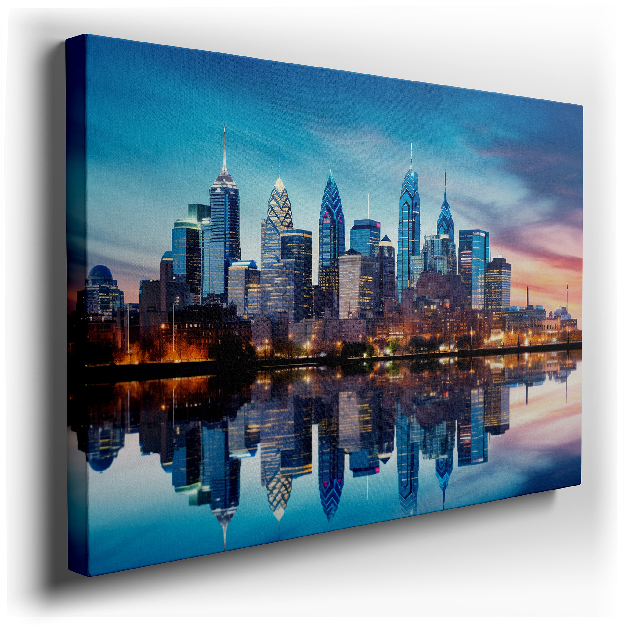 Philadelphia Skyline at Dusk: Capturing the Serene Grandeur of Urban and Natural Beauty - Large Wall Art, Canvas,