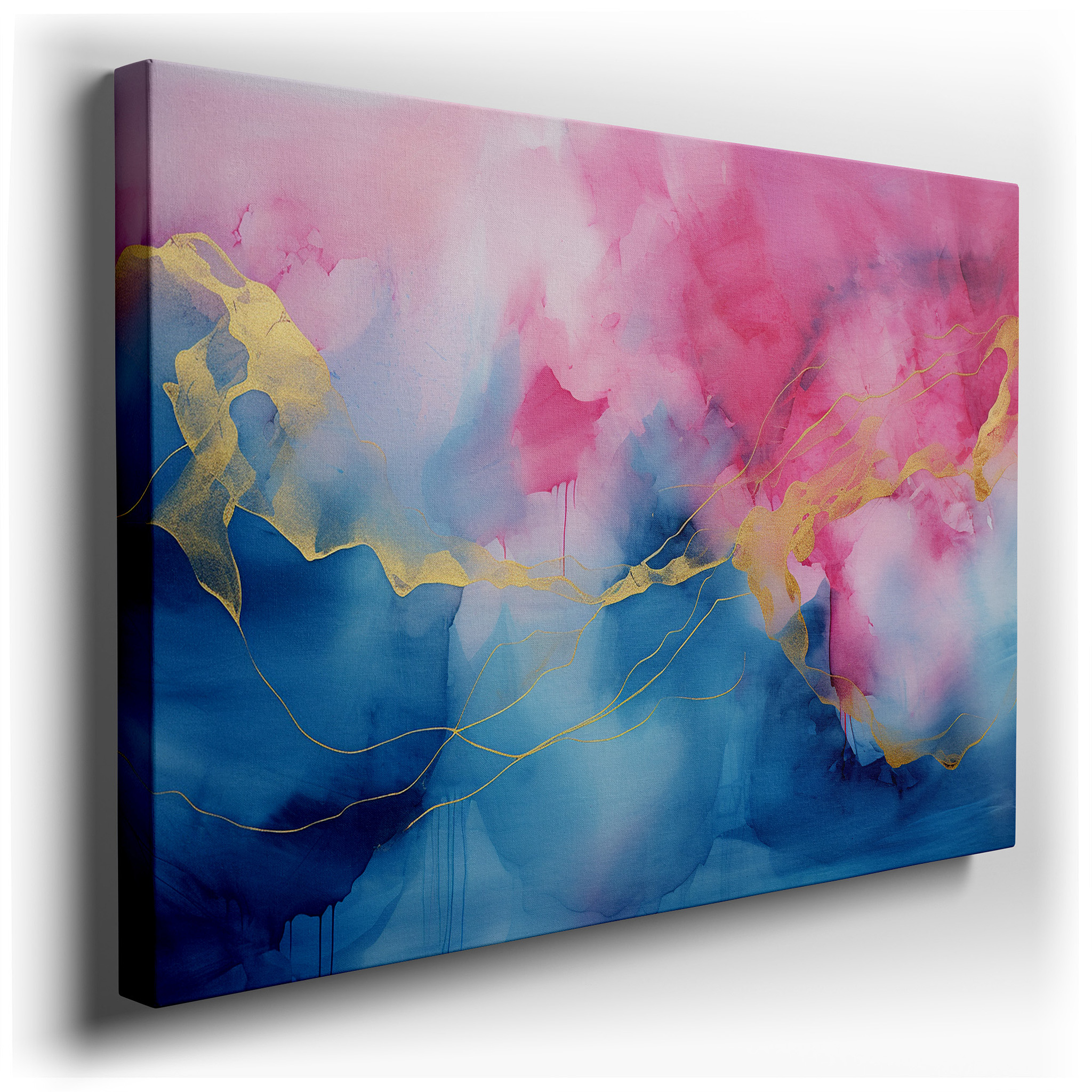 Pink and Blue Swirls with Gold Highlights, Enchanting Abstract Large Wall Art, Canvas Wall Art, Wall Decor for Office