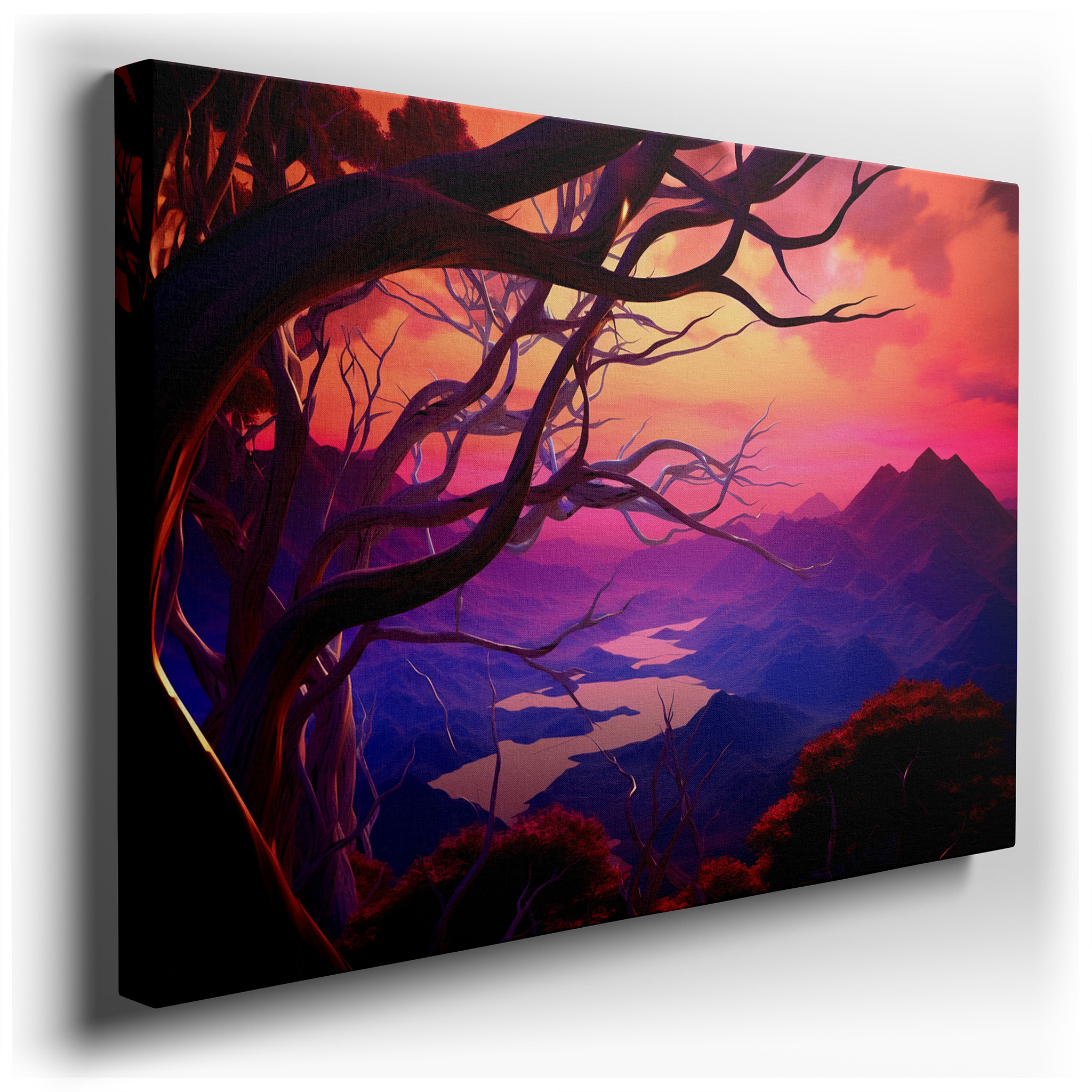Pink and Purple Ethereal Landscape with Tranquil Trees and Majestic Mountains, Large Canvas Wall Art for Office and
