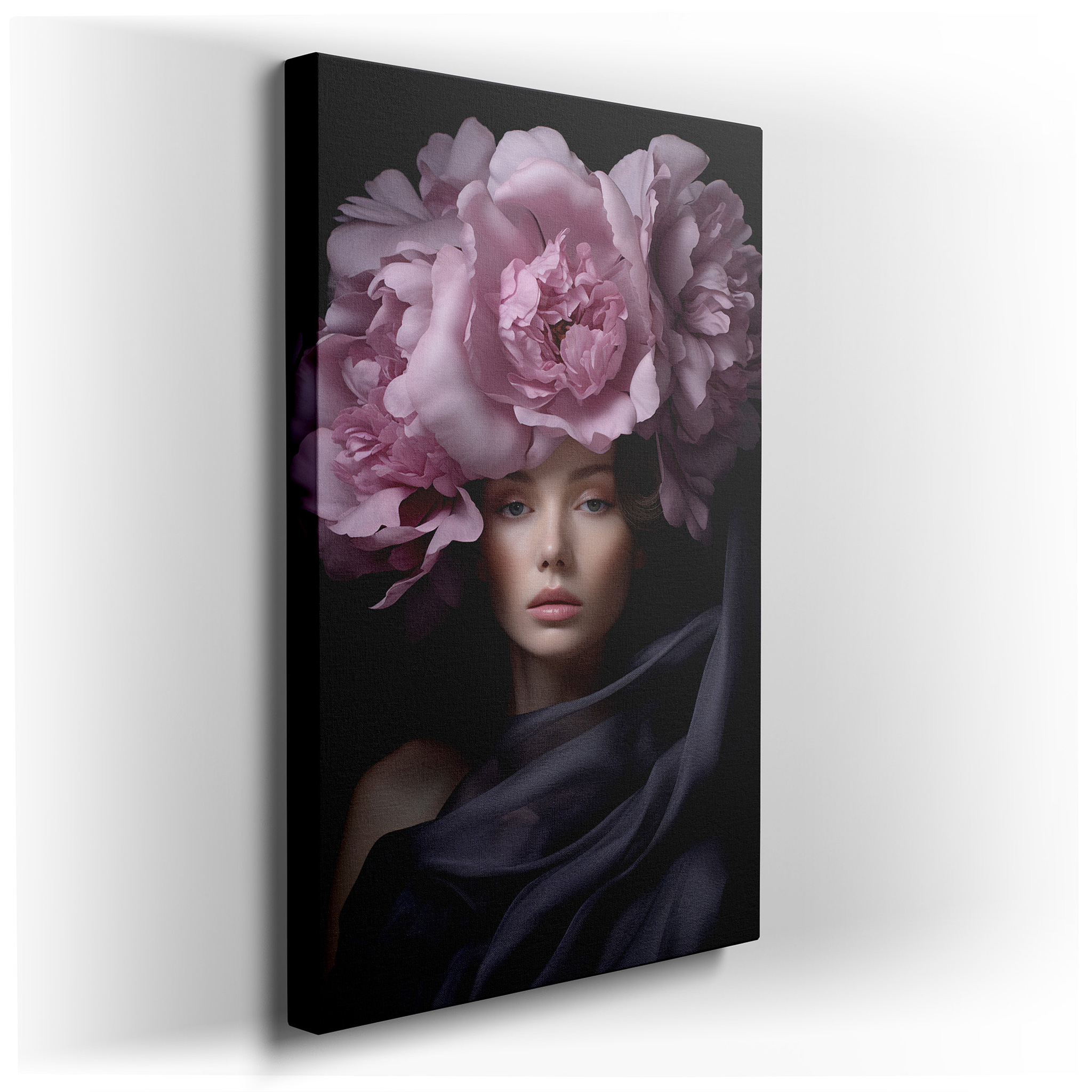 Pink Floral Crown Serenity: A Portrait of Feminine Grace and Elegance - Large Canvas Wall Art for Home and Office Decor