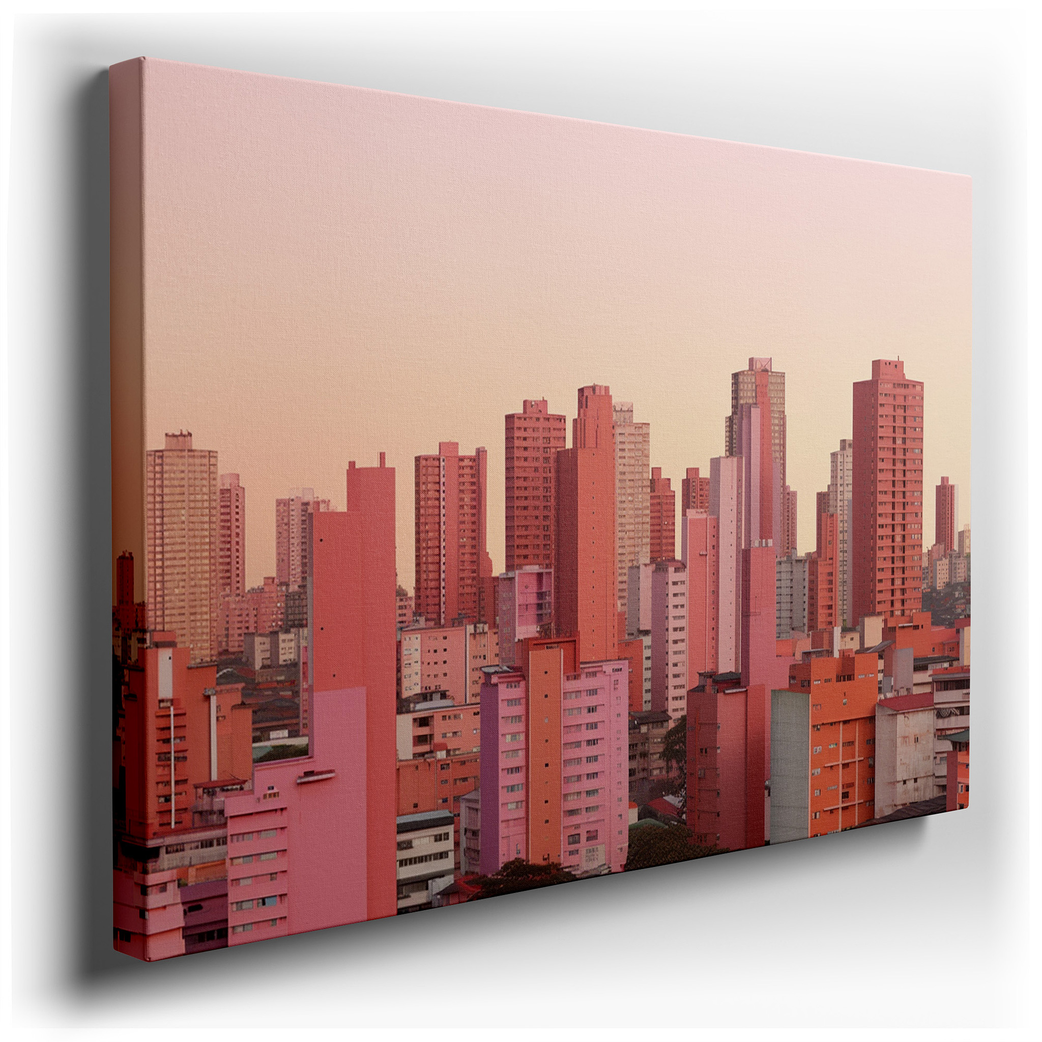 Pink - Hued Sunset Skyline: Urban Elegance, Tranquil City Strength and Twilight Serenity - Large Canvas Wall Art Decor