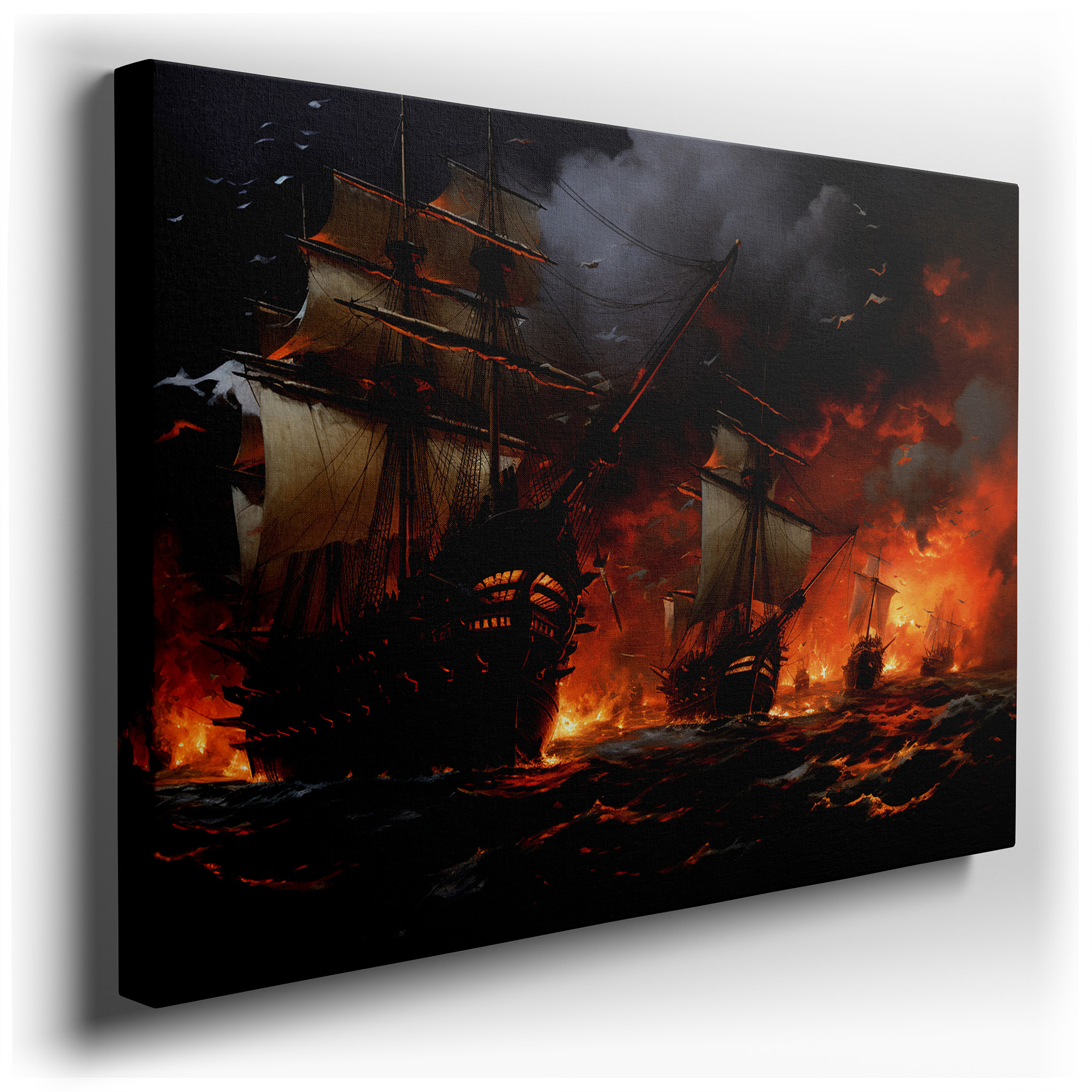 Pirate Ship Battle Wall Art: Vivid High Seas Adventure Amidst Flames and Storms, Large Canvas Art for Office and