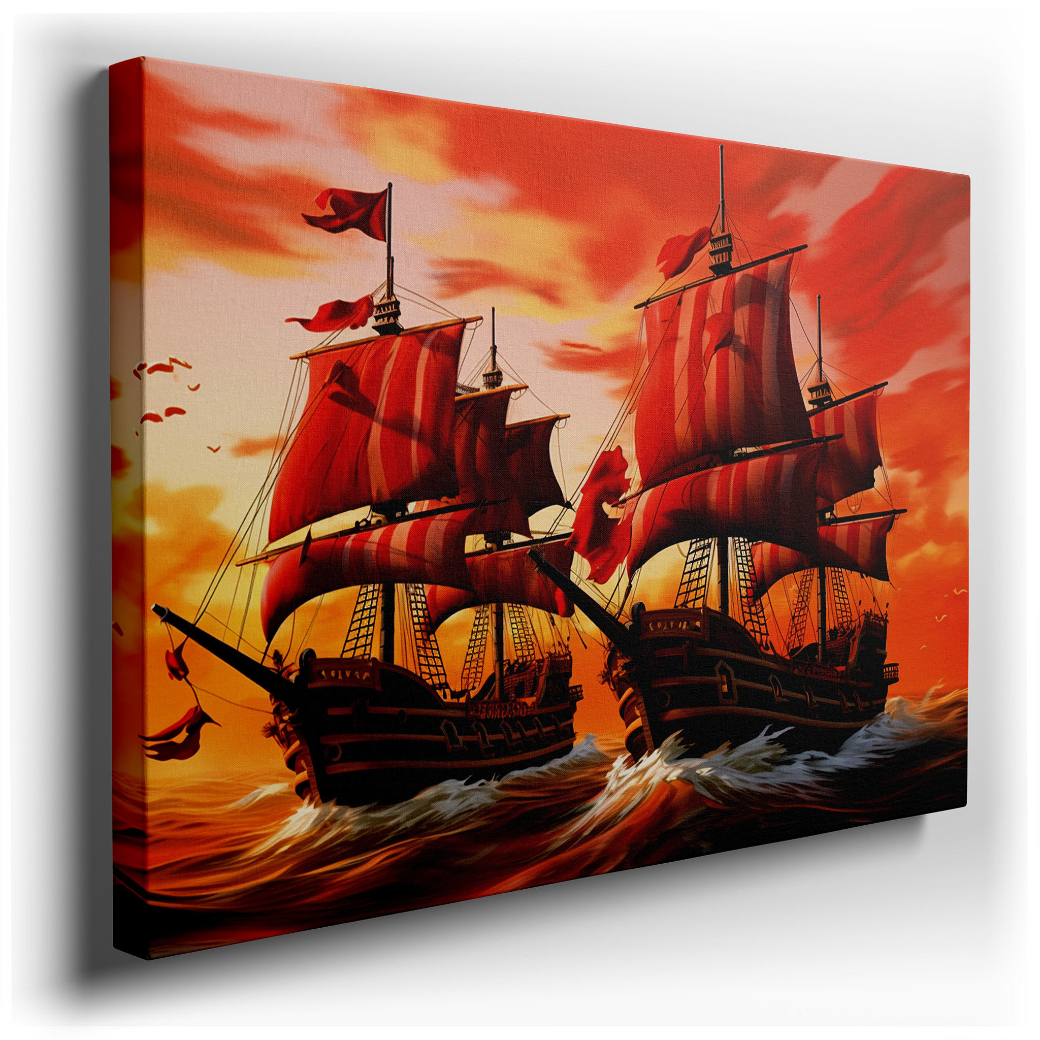 Pirate Ships Outlined in Sunset, Inspiring Adventure and Romance - Large Wall Art, Canvas Print, Home and Office Decor