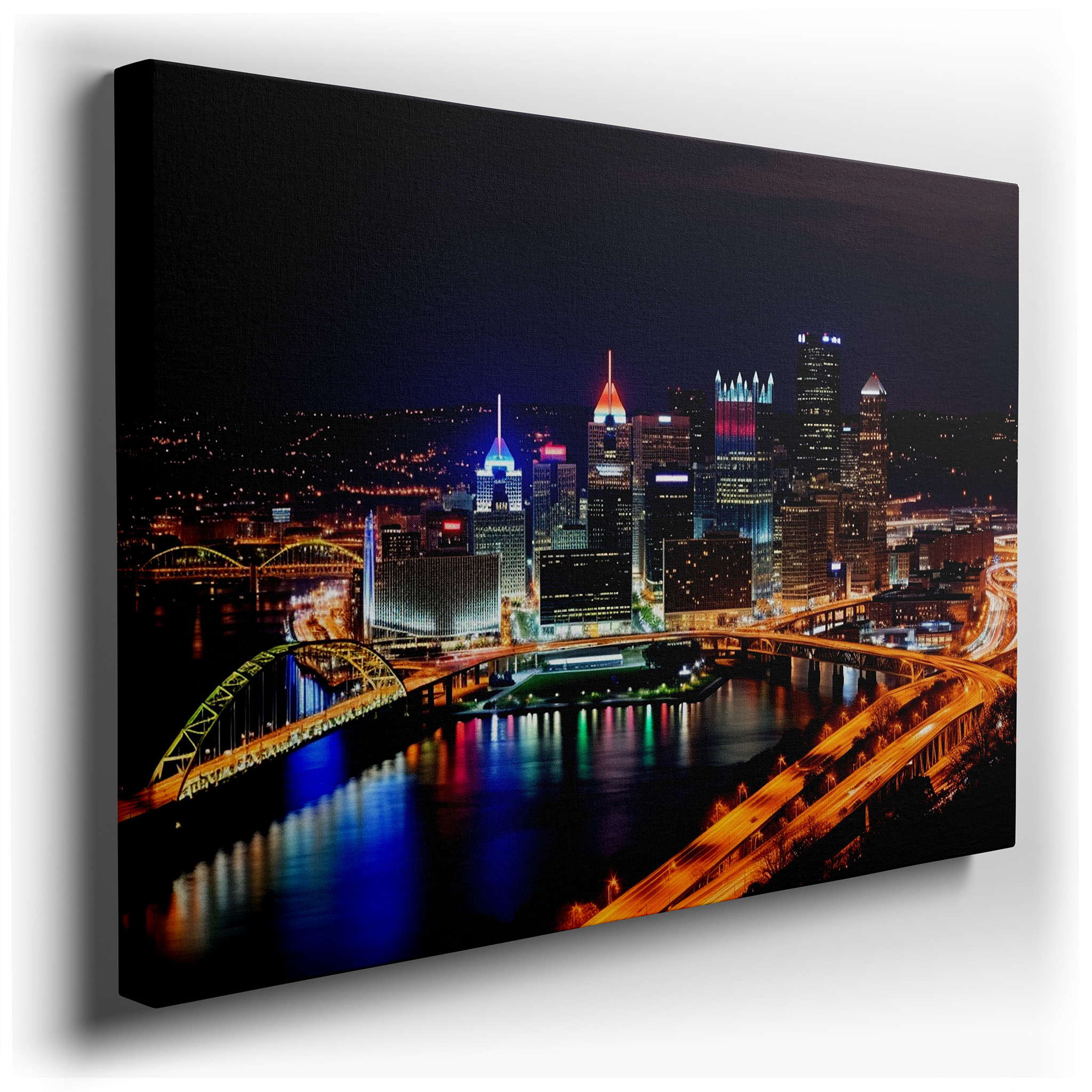 Pittsburgh's Nighttime Beauty: A Wide - Angle Display of Glowing Skyscrapers and Bright Bridges - Large Wall Art,