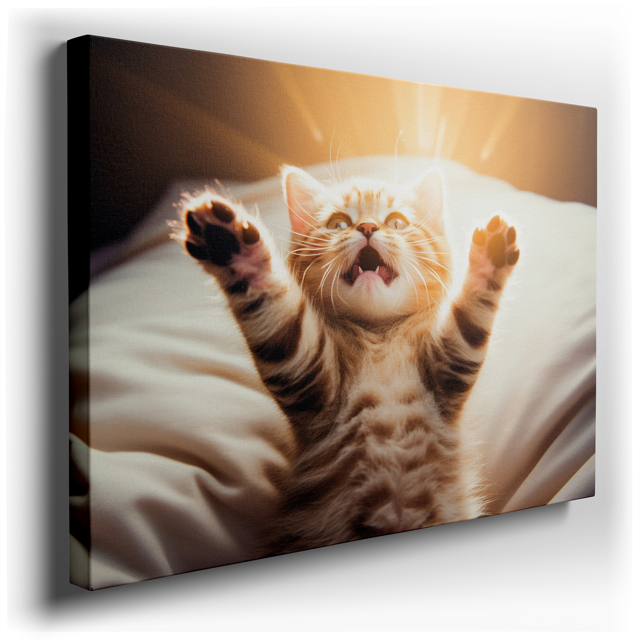Playful Kitten in Morning Sunlight Wall Art - Capturing Youthful Exuberance and Curiosity - Ideal for Office and