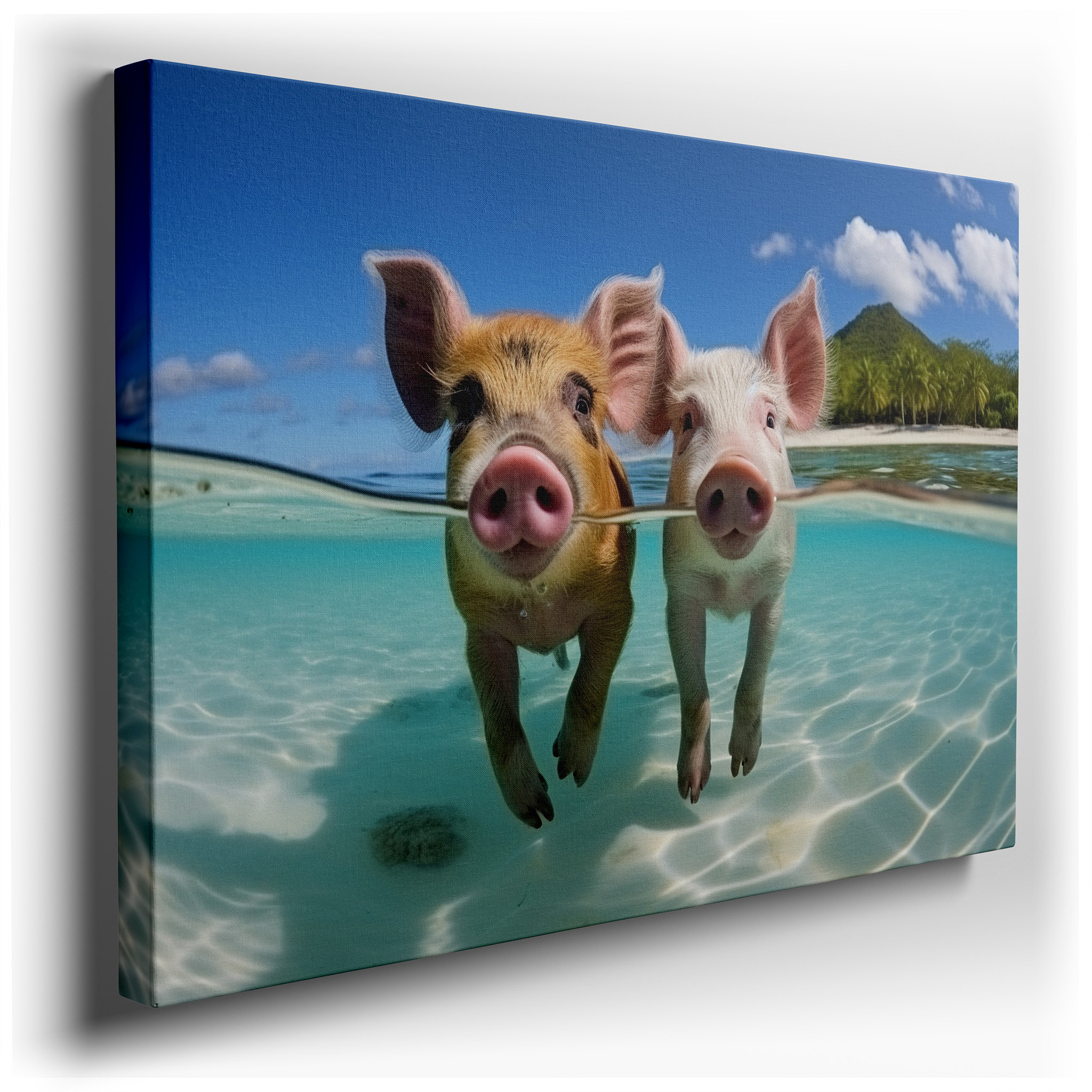 Playful Piglets Frolic in Tropical Waters: A Vivid Display of Joy and Whimsy - Large Wall Art, Canvas Wall Art, Wall