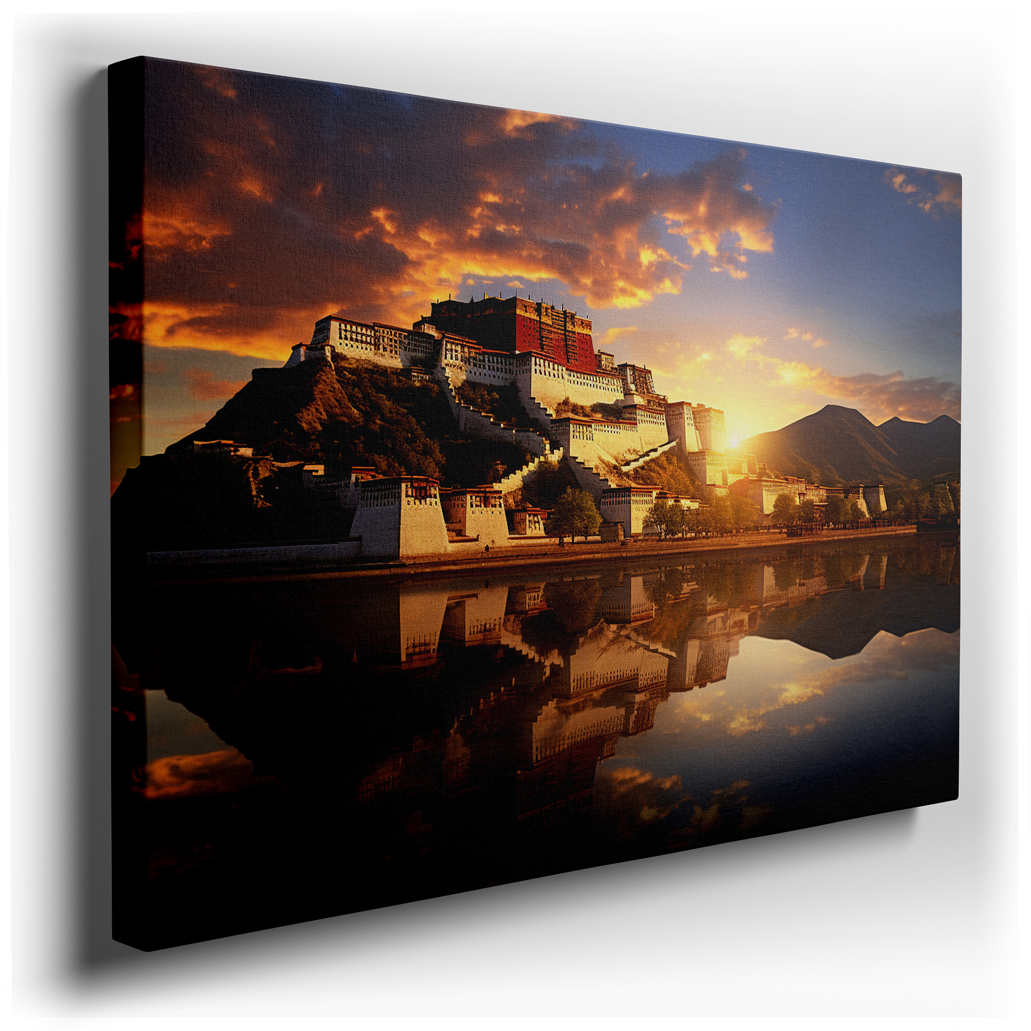 Potala Palace Golden Hour Glow: Serene Historical and Natural Reflections - Large Canvas Wall Art for Office and