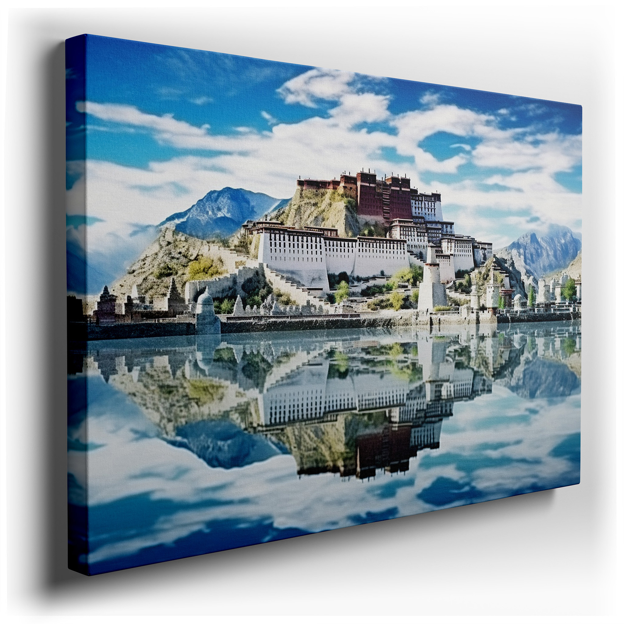 Potala Palace Majestic View with Blue Skies and Reflective Tibetan Waters - Large Canvas Wall Art for Office and