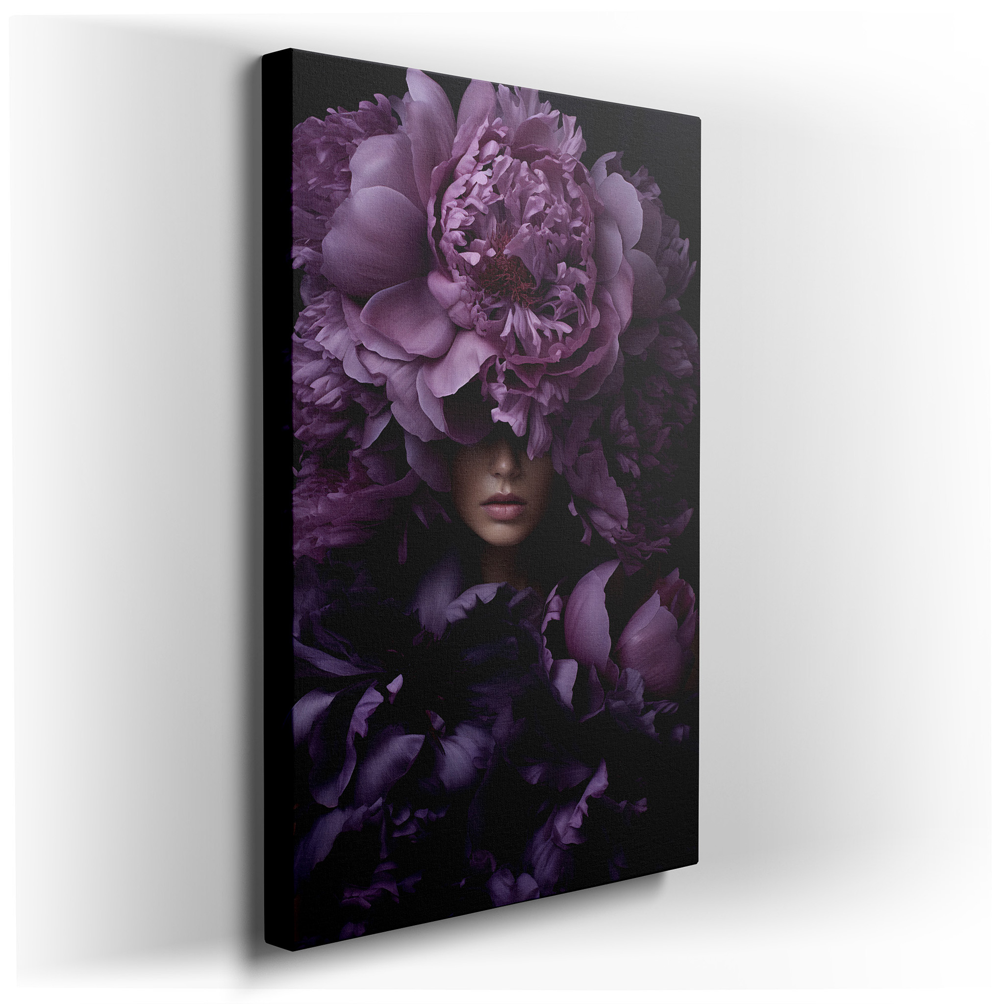 Purple Peonies and Serene Model with Floral Crown Large Wall Art, Canvas Wall Art, Wall Decor for Office and Bedroom