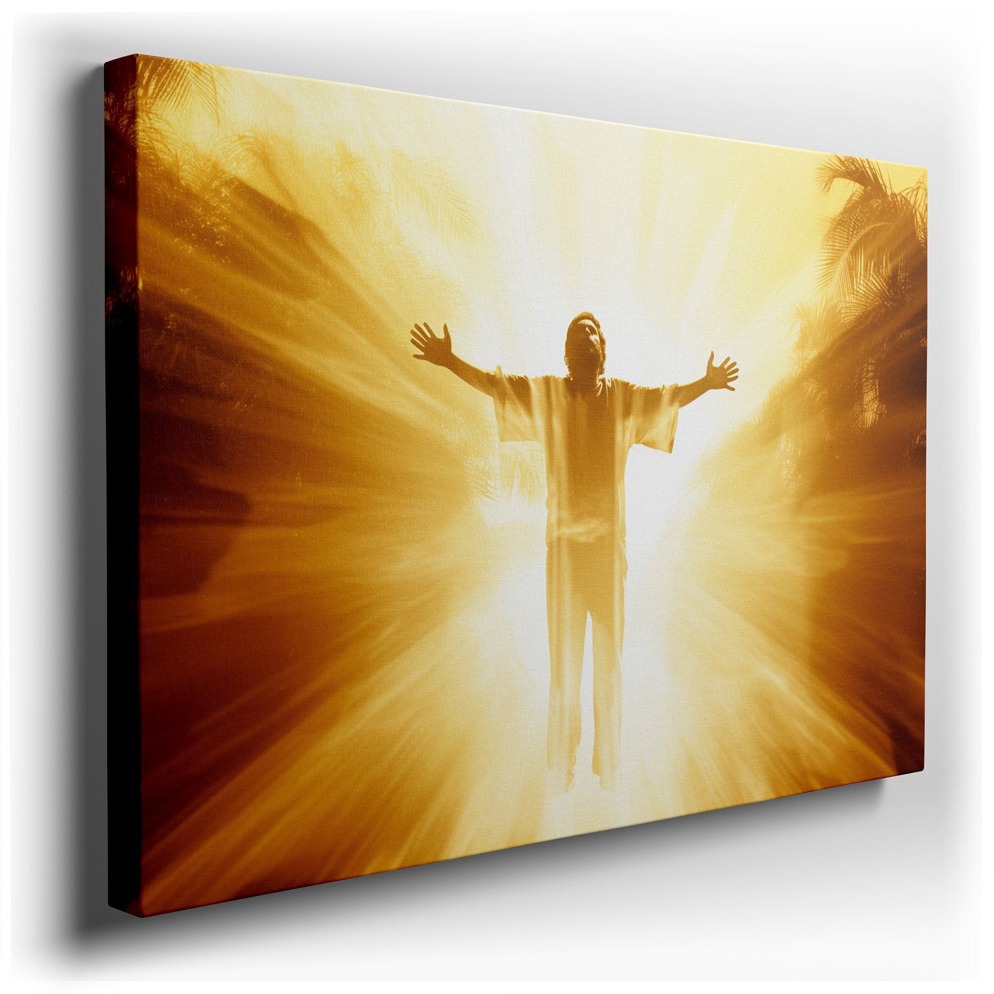 Radiant Figure in Spiritual Embrace: Large Canvas Wall Art Featuring Halo of Light and Shadows, Ideal for Office,