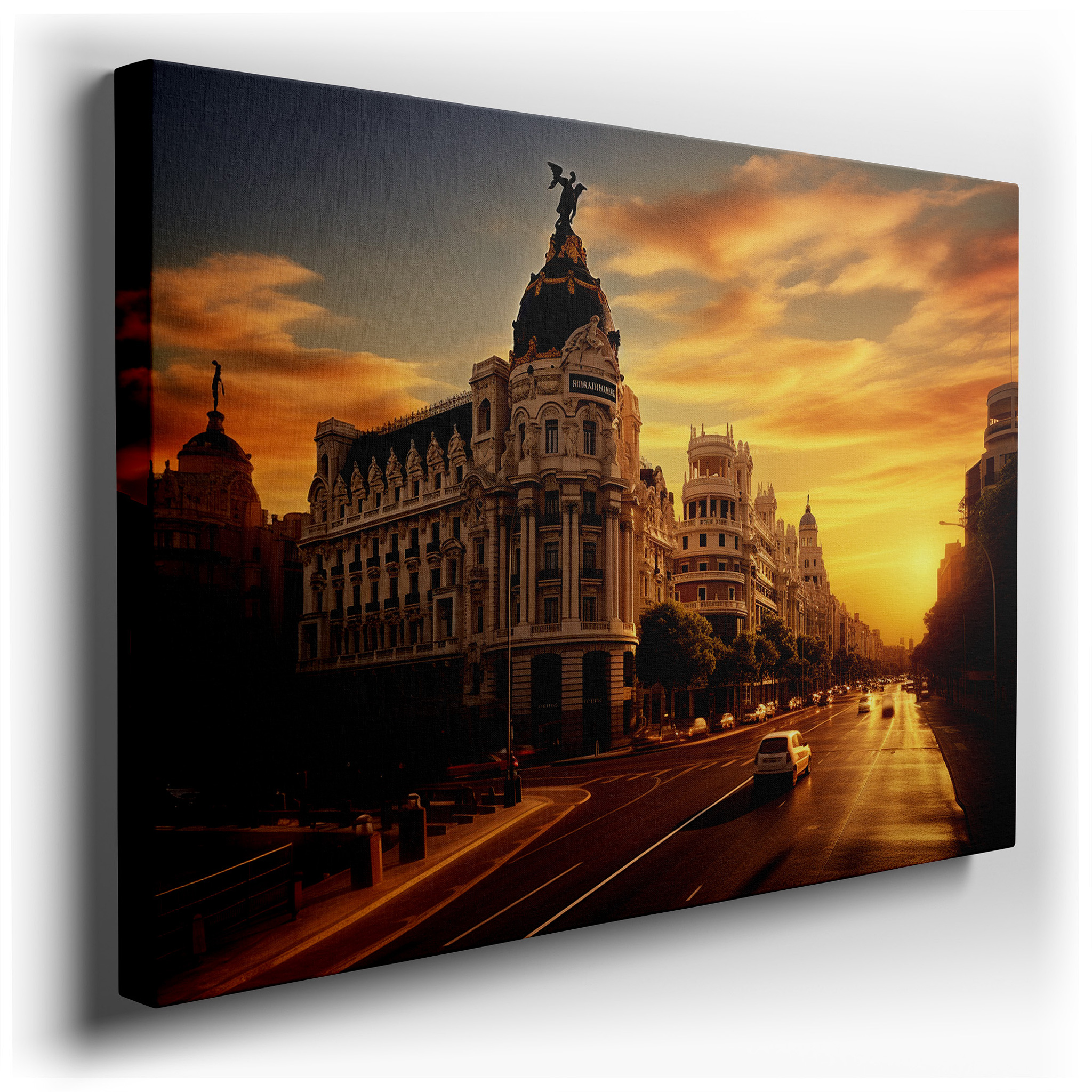 Radiant Sunset and Majestic Historic Building Amidst Urban Energy: Large Canvas Wall Art for Office and Bedroom Decor