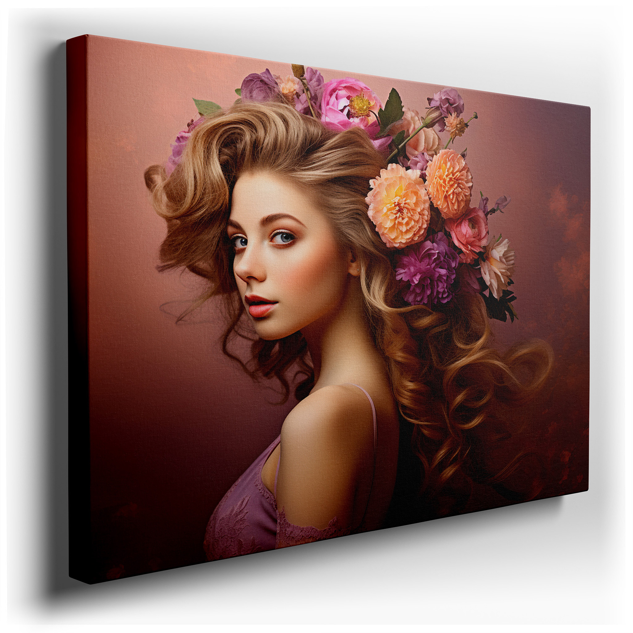 Radiant Woman with Floral Crown Celebrating Life and Nature - Large Canvas Wall Art for Office, Bedroom, and Living