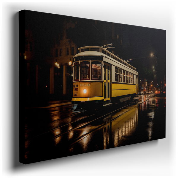Rainy Evening Featuring a Yellow Streetcar - Urban Canvas Wall Art