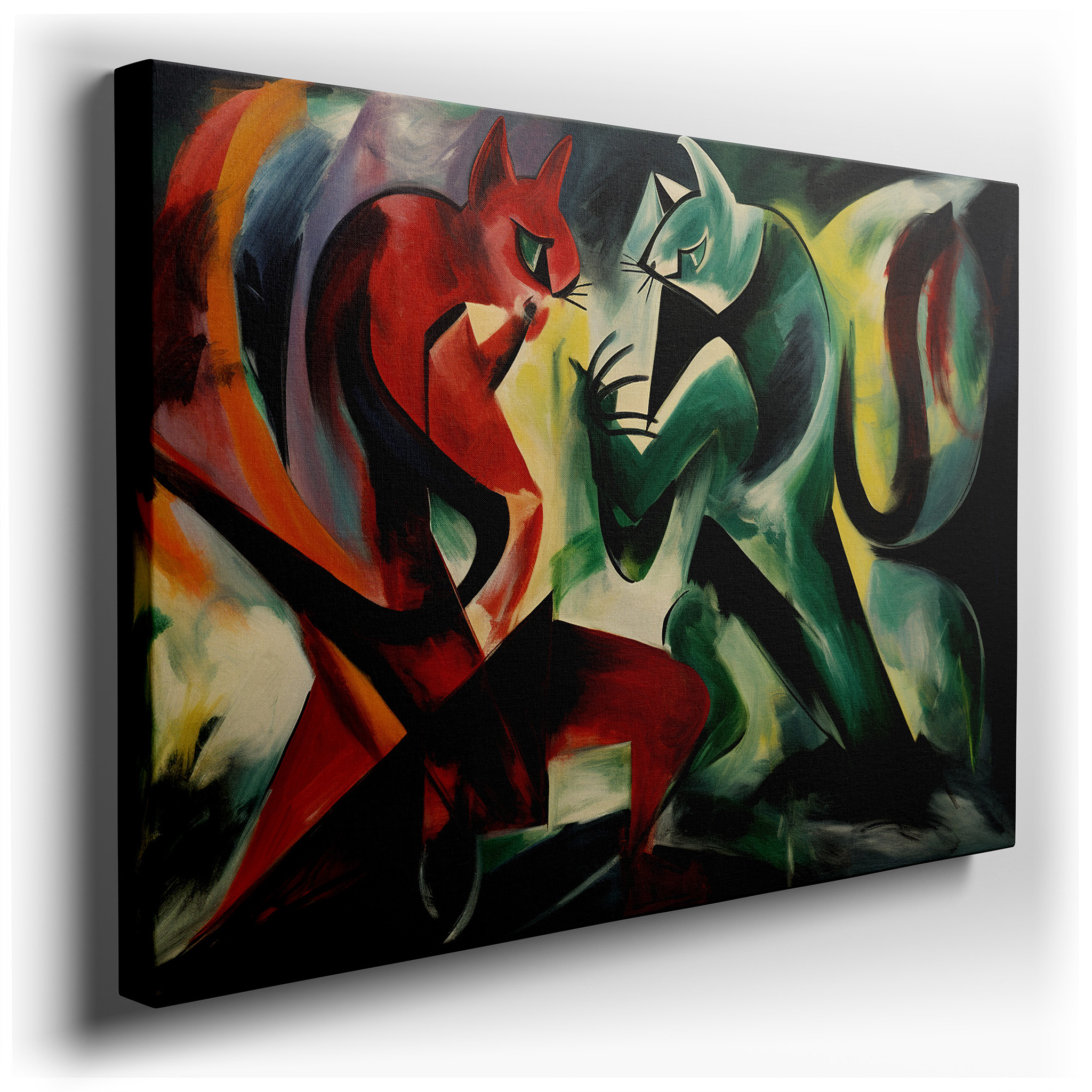 Red and Green Feline Fury - Vibrant Abstract Confrontation Large Wall Art, Canvas Wall Art, Wall Decor for Office,