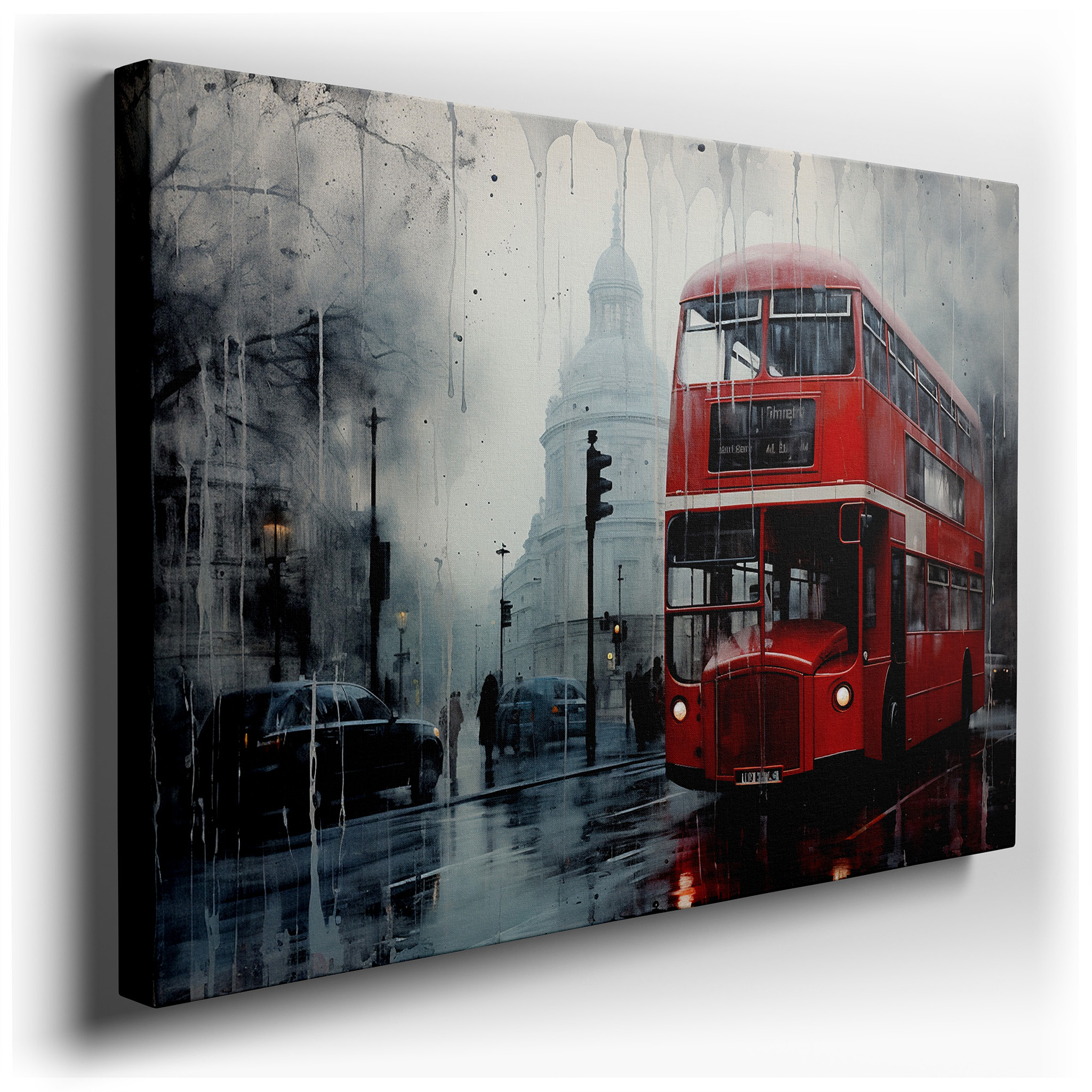 Red Double - Decker Bus on a Foggy London Street Large Wall Art, Canvas Wall Art, Wall Art wrapped canvas - main