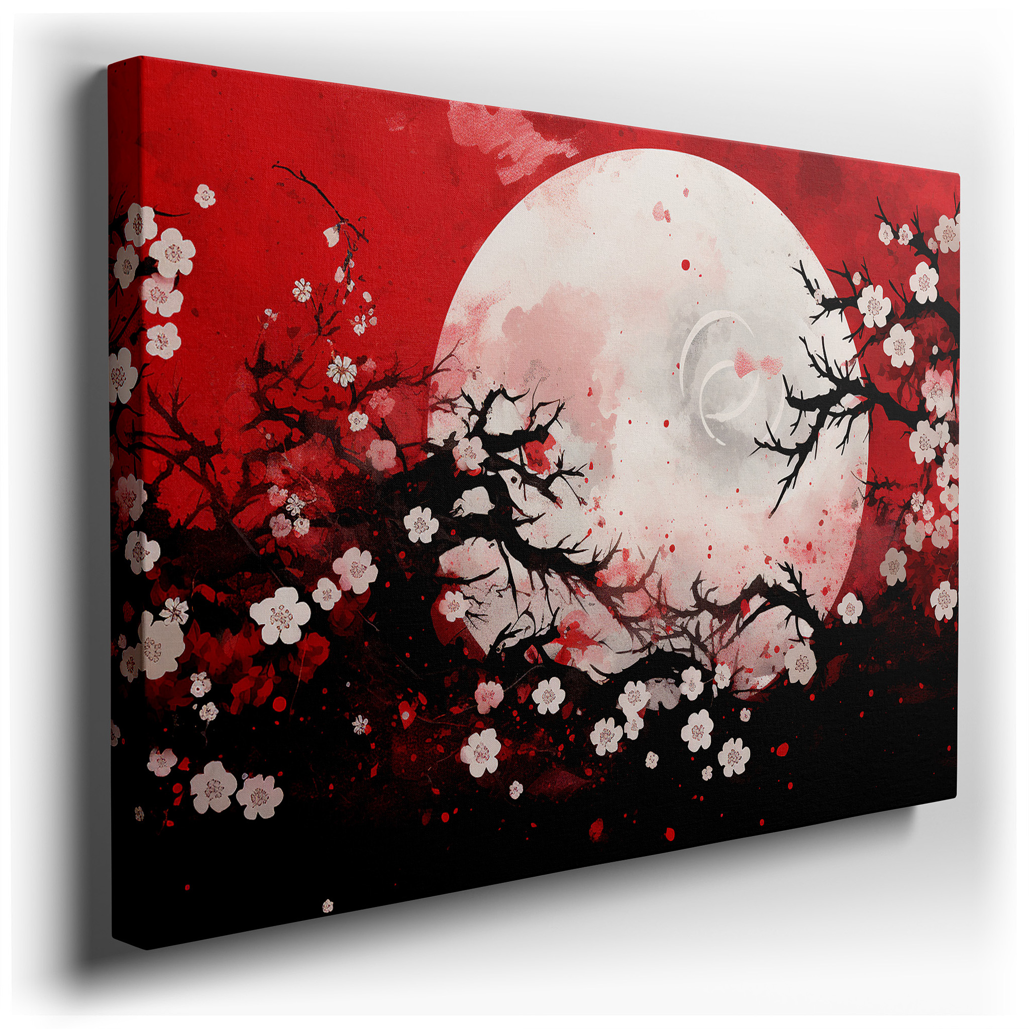 Red Landscape with Glowing Moon and Cherry Blossoms - A Captivating Mix of Passion and Peace Large Wall Art, Canvas
