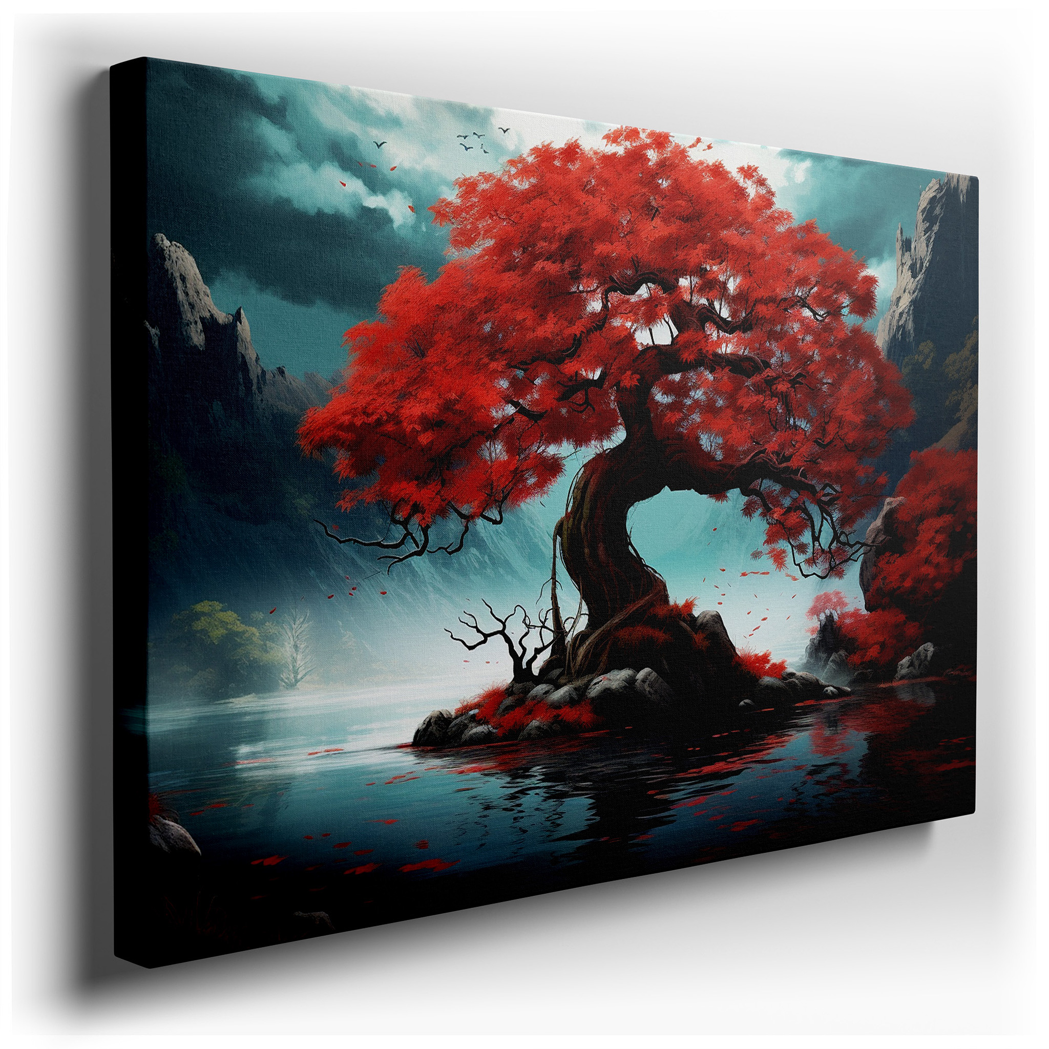 Red Maple Majesty Over Peaceful Lake, Autumn Beauty in Quiet Nature, Large Wall Art, Canvas Wall Art, Wall Decor for