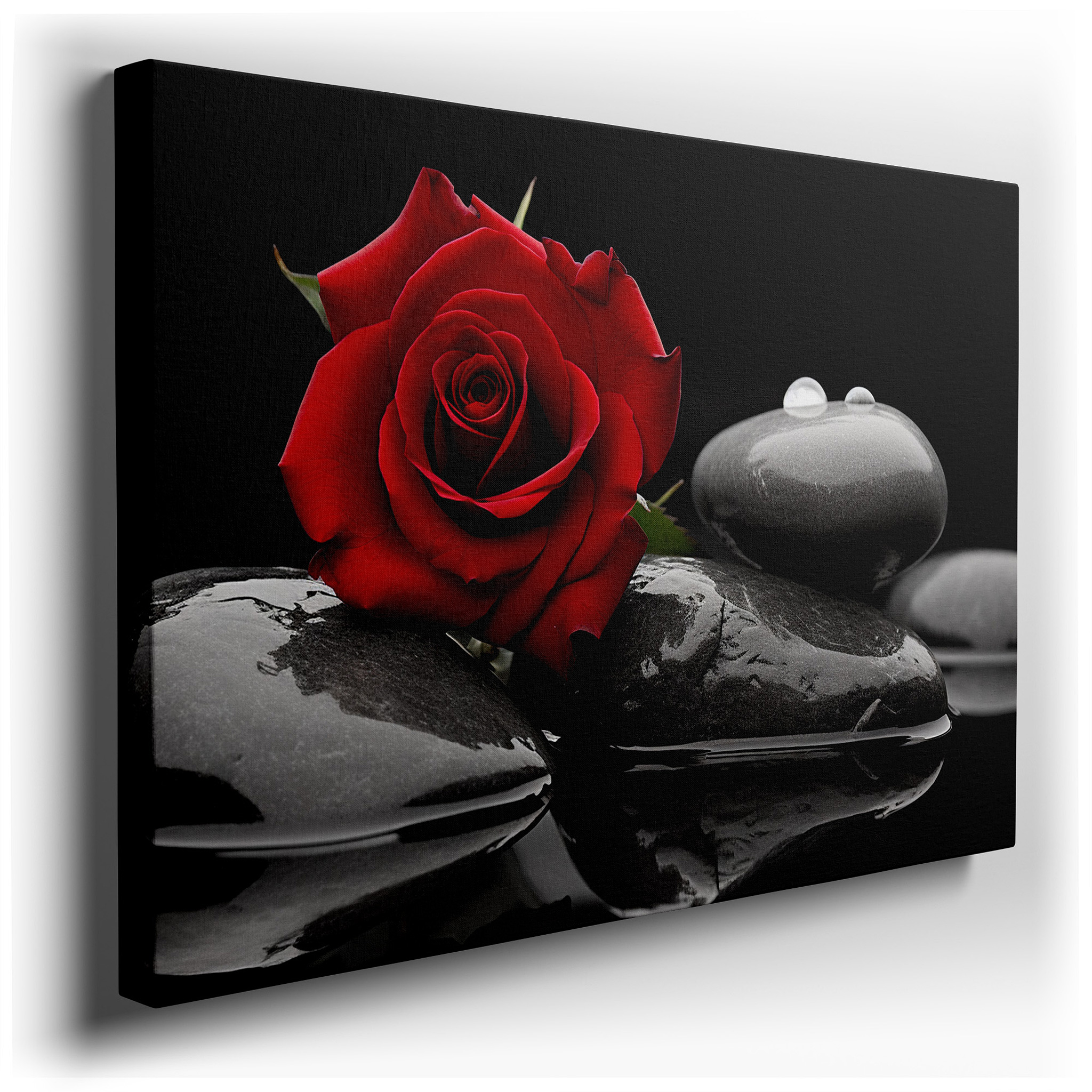 Red Rose on Black Stones Wall Art: A Symphony of Contrast and Harmony - Large Canvas Art for Home and Office Decor,