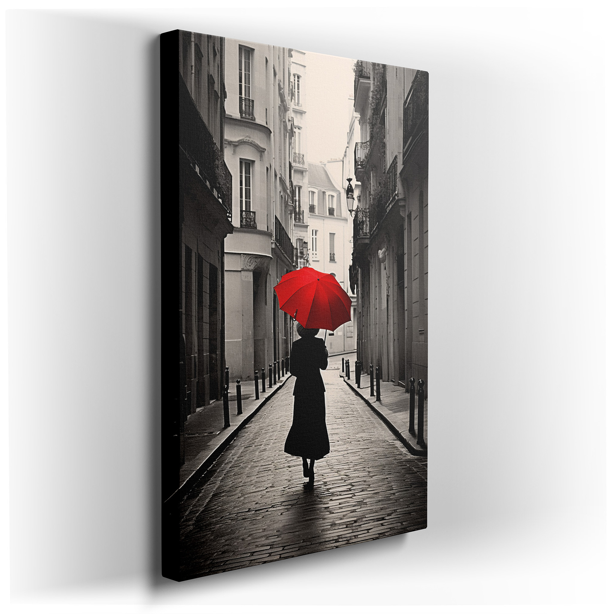 Red Umbrella on a Parisian Street Large Canvas Wall Art, Ideal for Office, Bedroom, and Living Room Decor wrapped