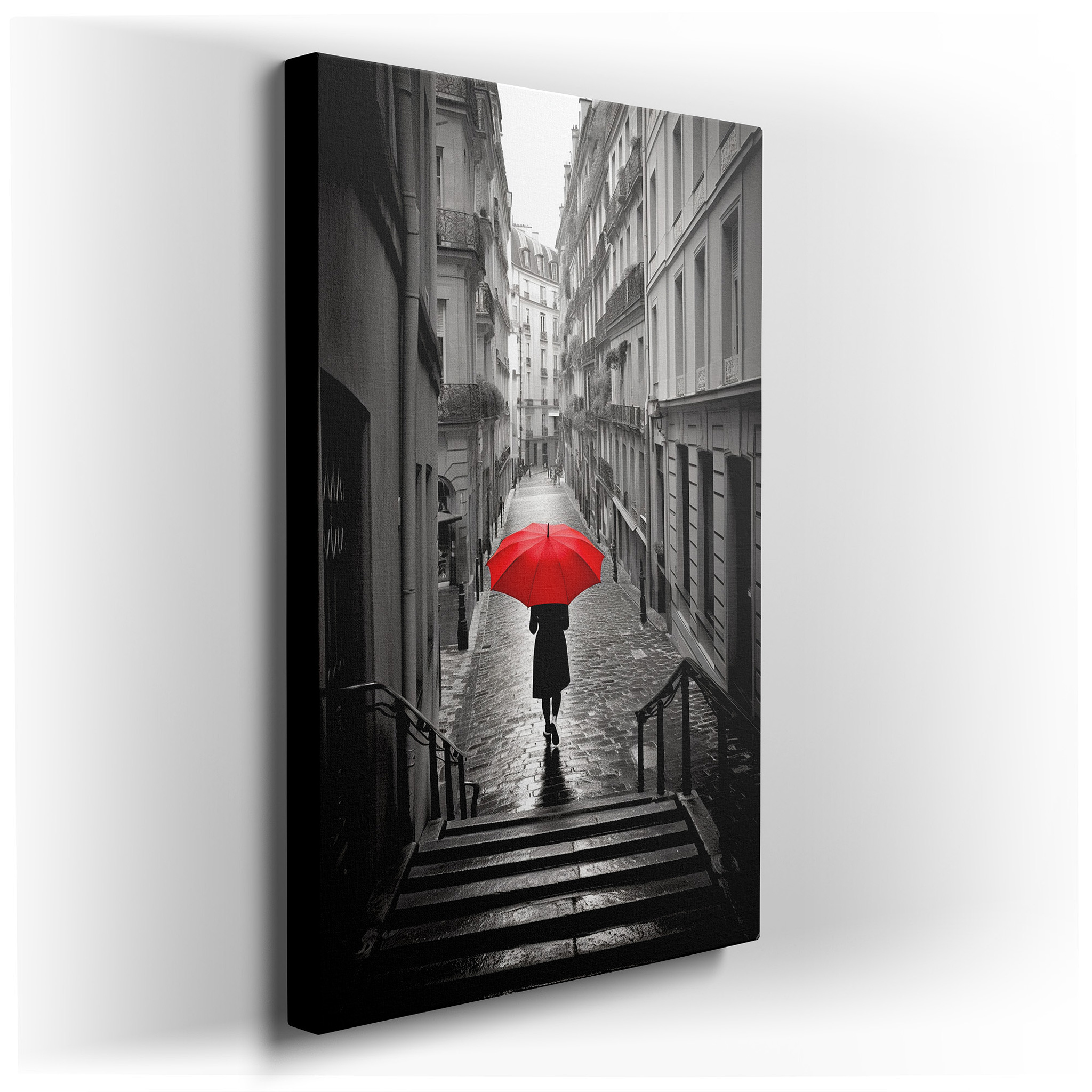 Red Umbrella on Rainy Paris Street Large Canvas Wall Art for Office, Living Room, and Bedroom Decor wrapped canvas -
