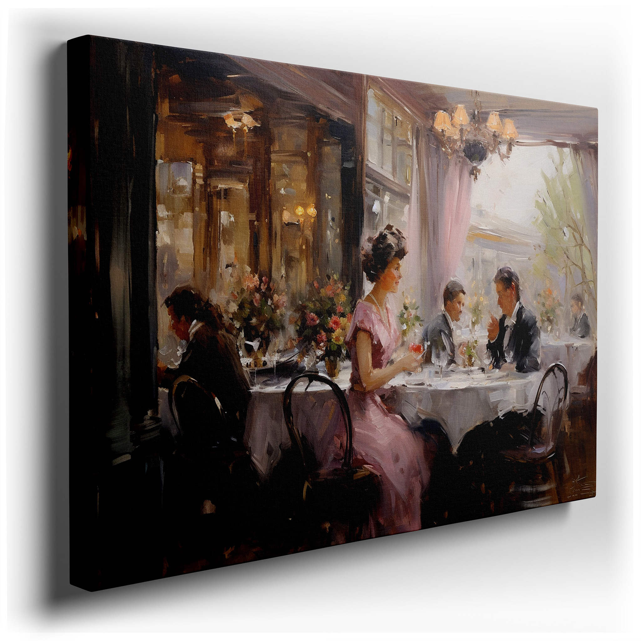 Refined Dining Atmosphere Illustrated in Lively Restaurant Setting with Detailed Artistry and Cozy Ambiance - Large