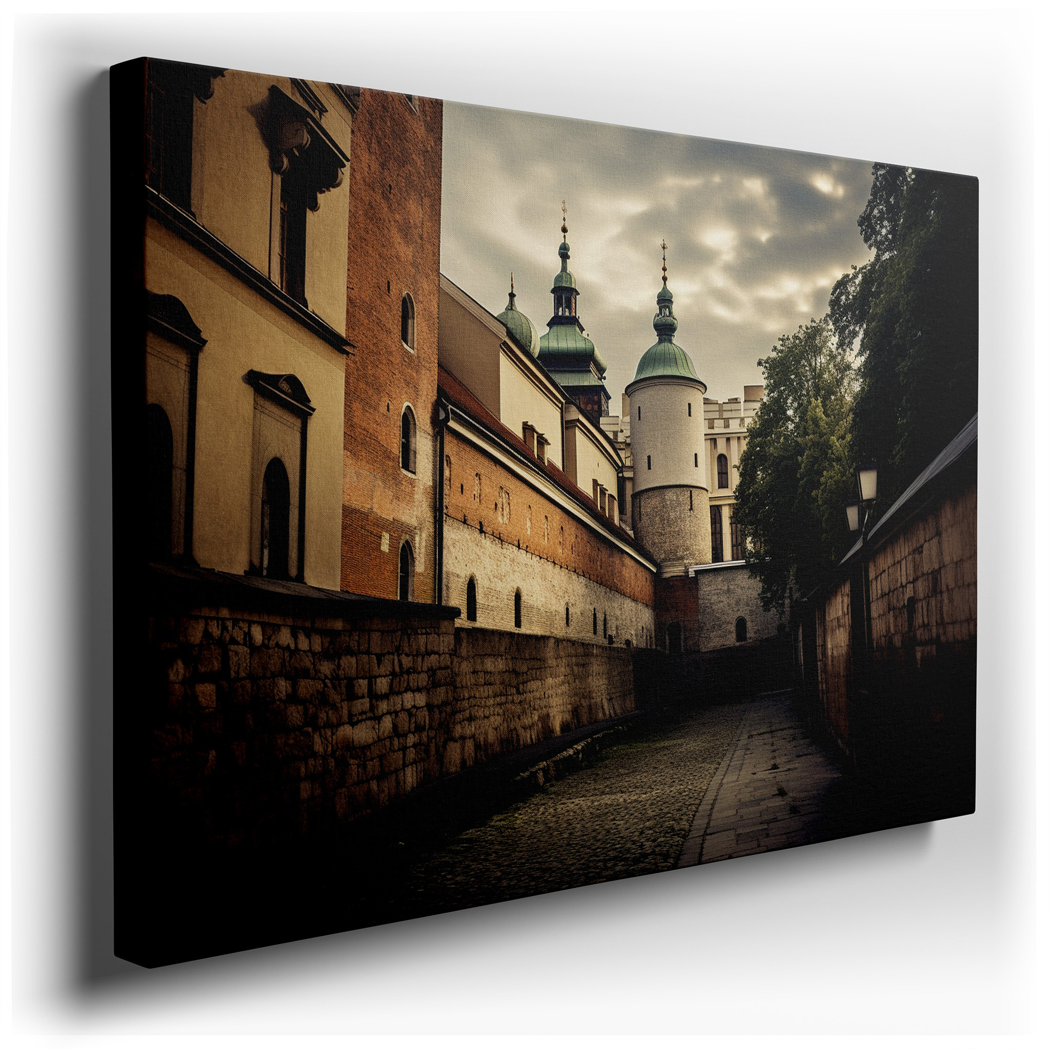 Renaissance - Inspired Cobblestone Street Canvas Print Featuring Ornate Architecture in Earthy Tones, Ideal for Office