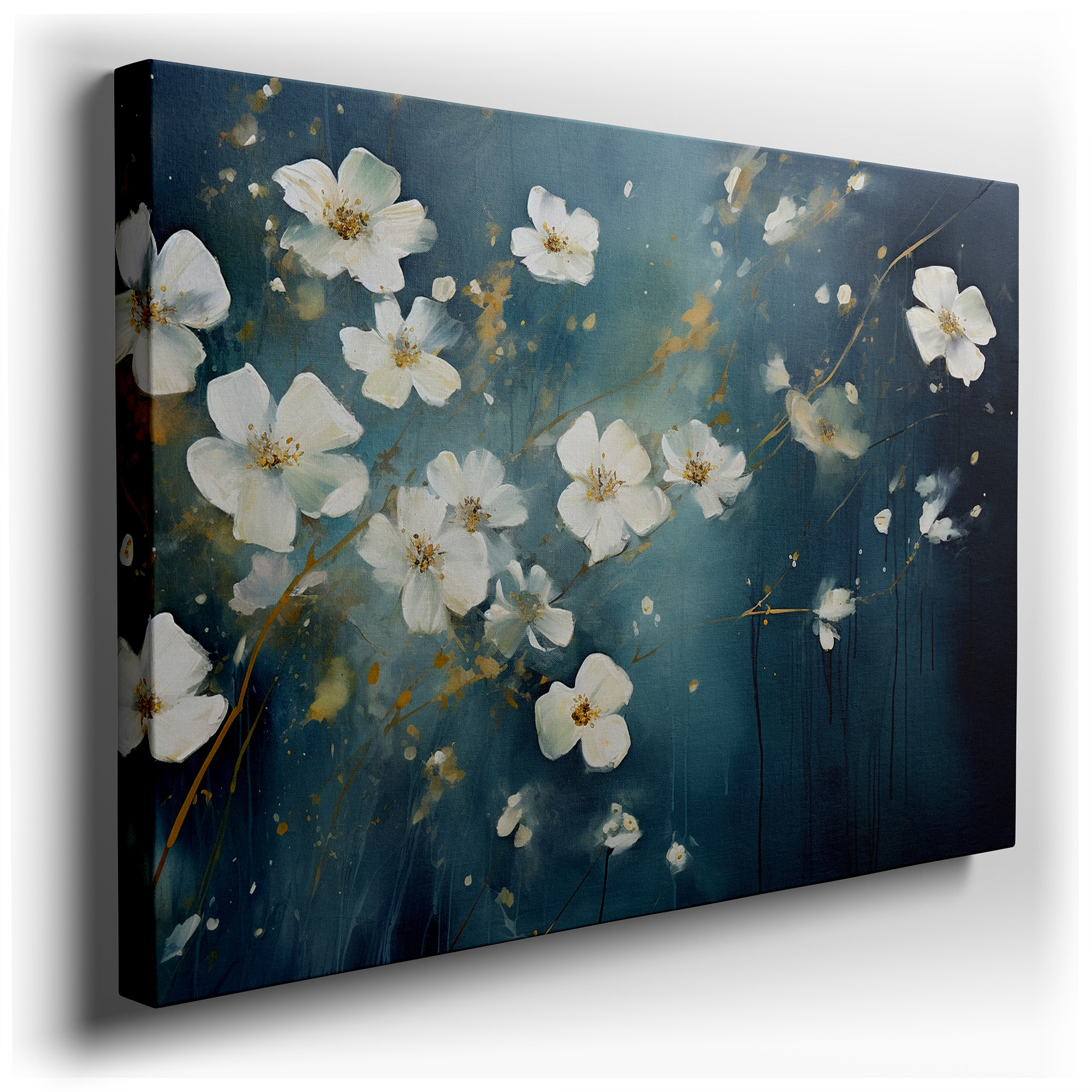 Resilient White Flowers Against Dark Backgrounds: Striking Contrast in Modern Decor, Large Canvas Wall Art for Offices