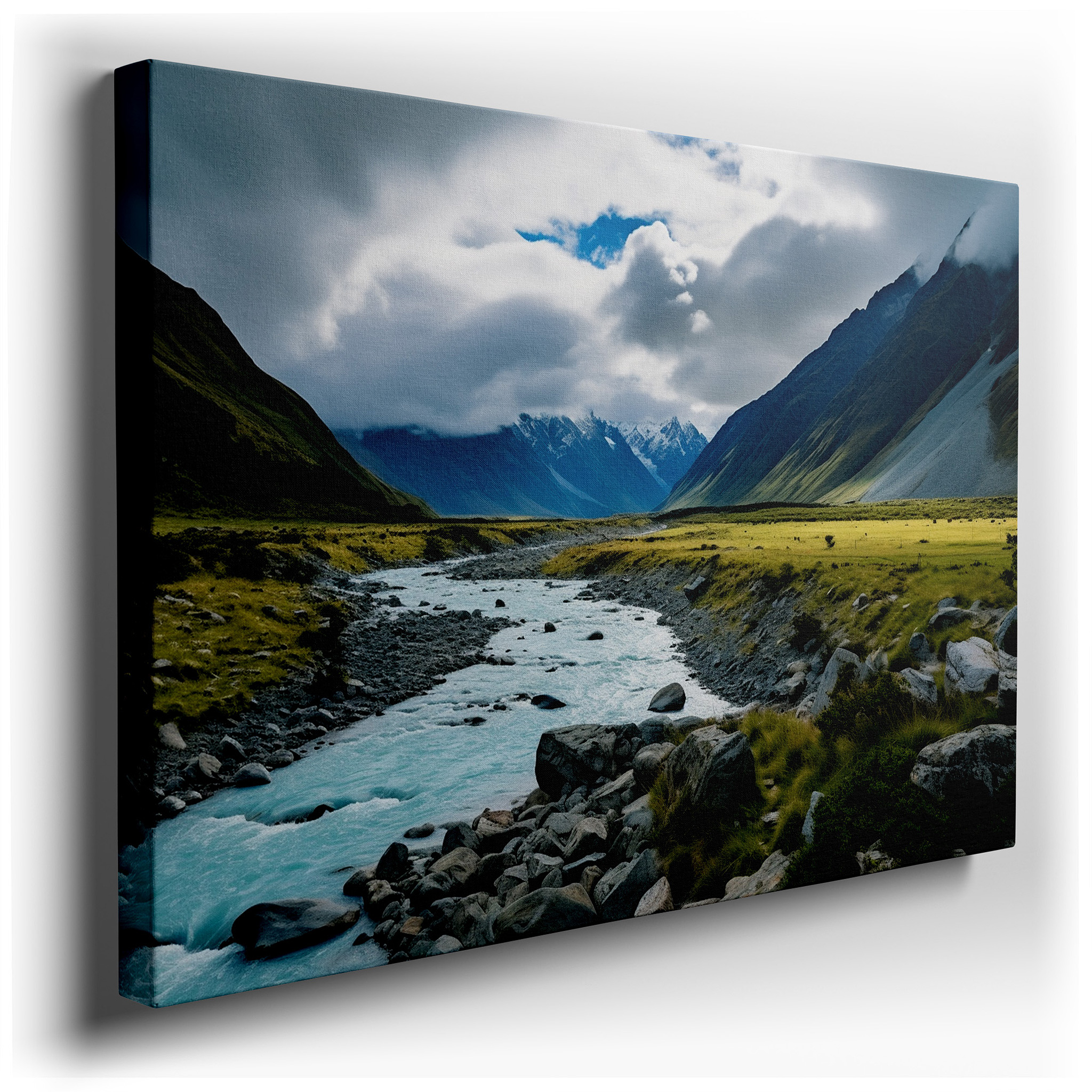 River's Reflection Amid Lush Valleys and Towering Mountains: Large Canvas Wall Art for Office, Bedroom, and Living Room