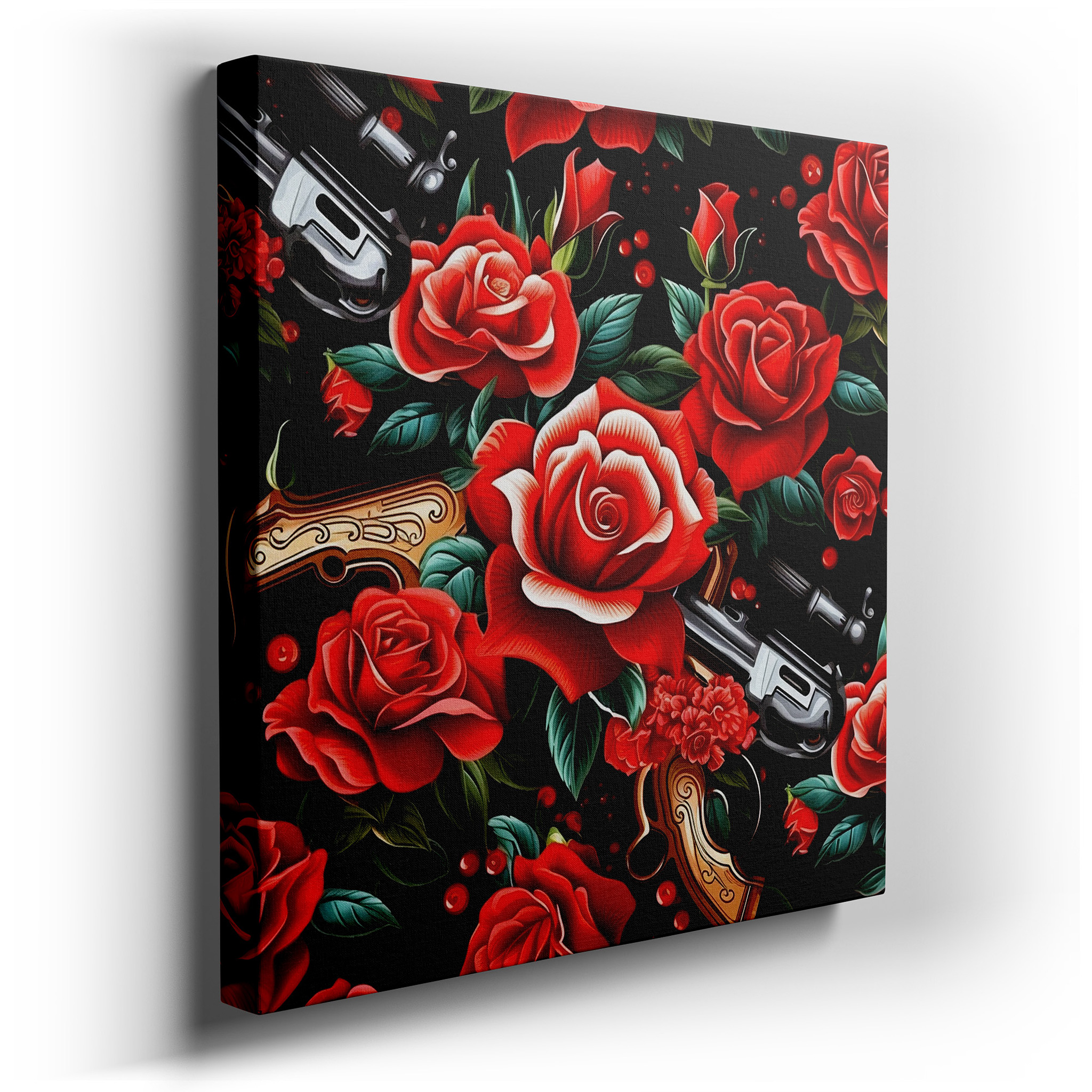 Roses and Guns: A Bold Contrast of Softness and Peril - Oversized Wall Art, Canvas Art, Home and Office Decor wrapped