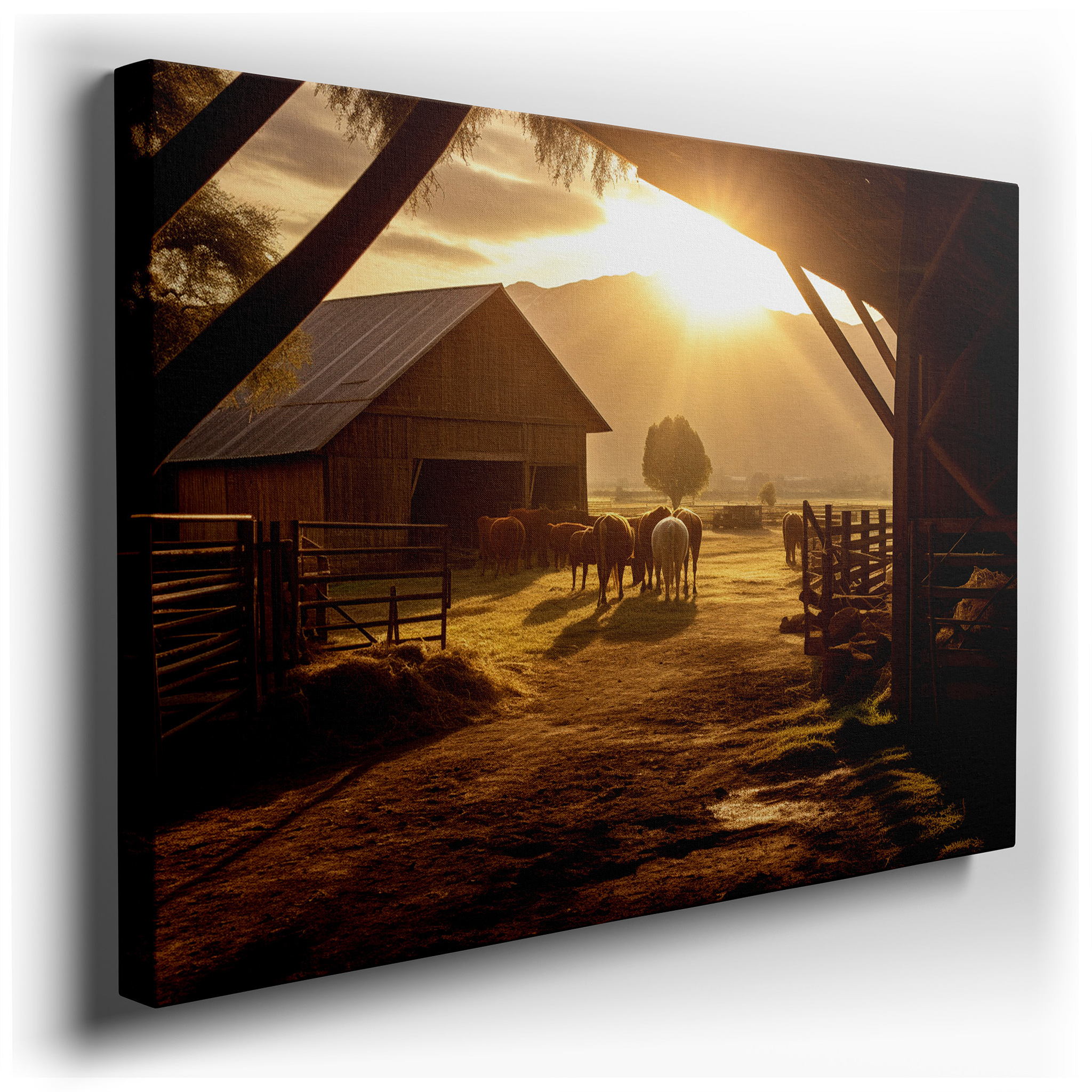 Rustic Barn and Tranquil Horses at Dawn Large Canvas Wall Art for Office, Bedroom, and Living Room Decor wrapped canvas