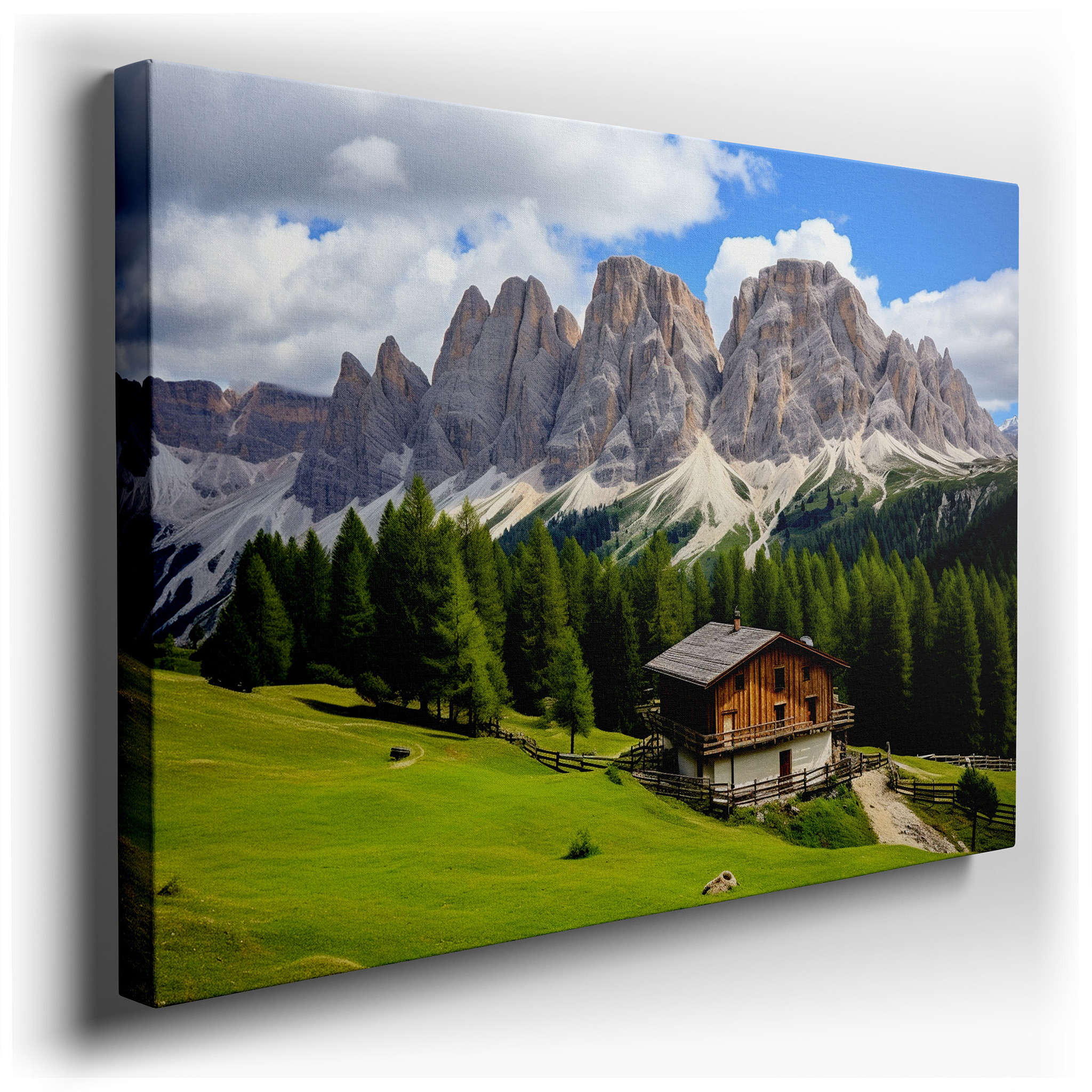 Rustic Cabin Amidst Lush Meadows with Majestic Dolomite Peaks - Large Wall Art for Office, Bedroom, and Living Room